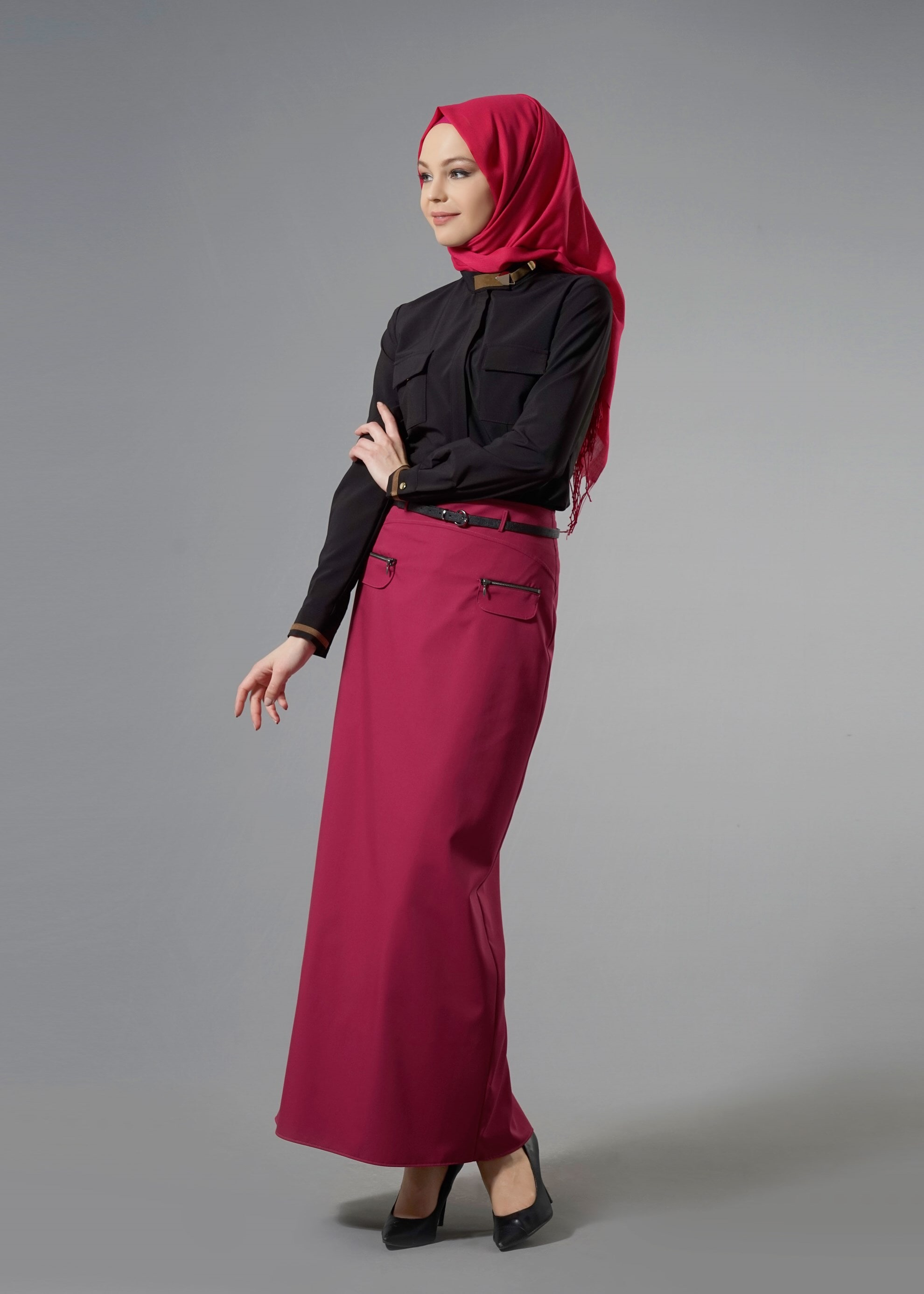 Tesettür giyim FUŞYA FERMUAR DETAYLI DÜZ KESİM ETEK 6841