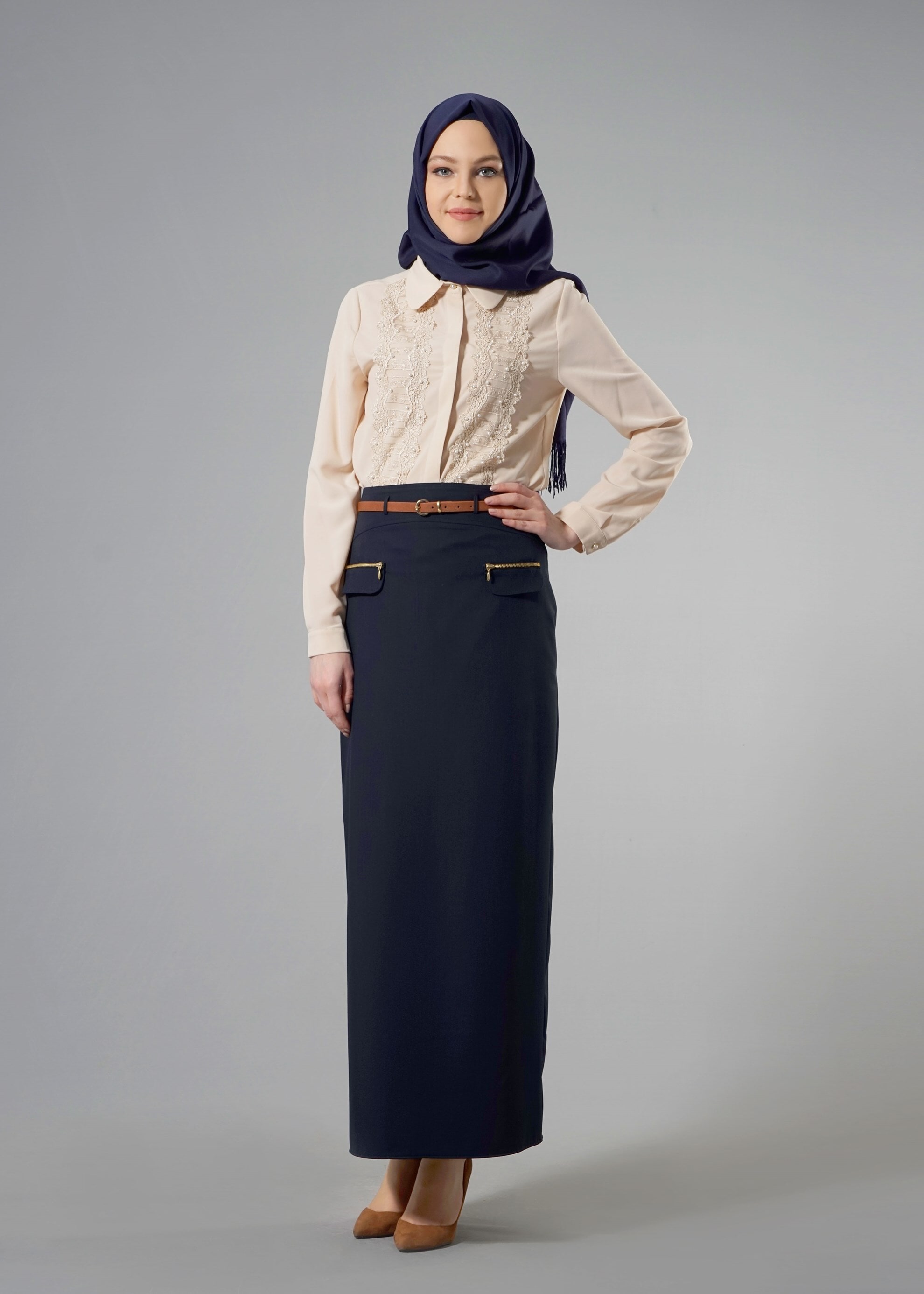 Tesettür giyim LACİVERT FERMUAR DETAYLI DÜZ KESİM ETEK 6841