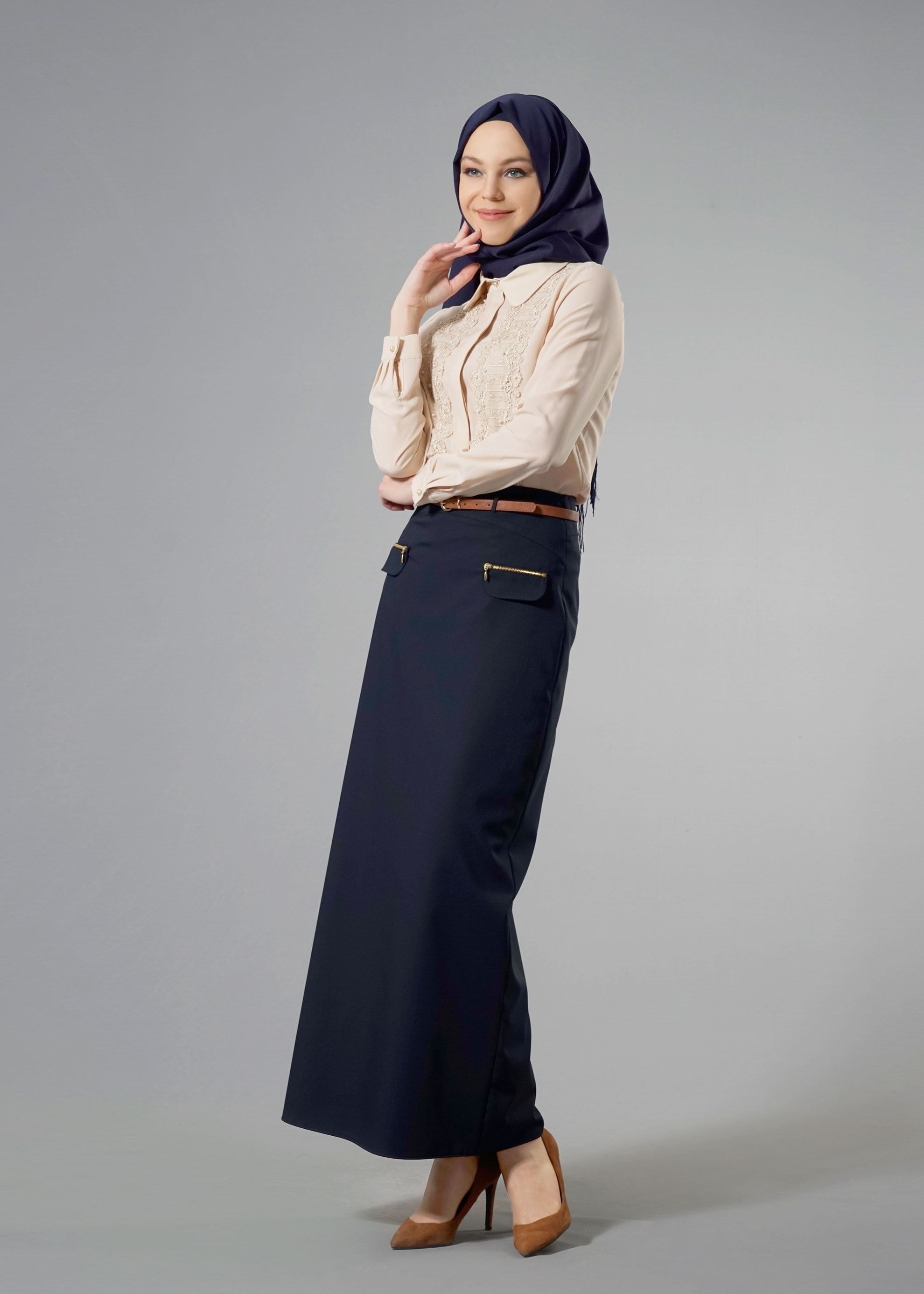 Tesettür giyim LACİVERT FERMUAR DETAYLI DÜZ KESİM ETEK 6841