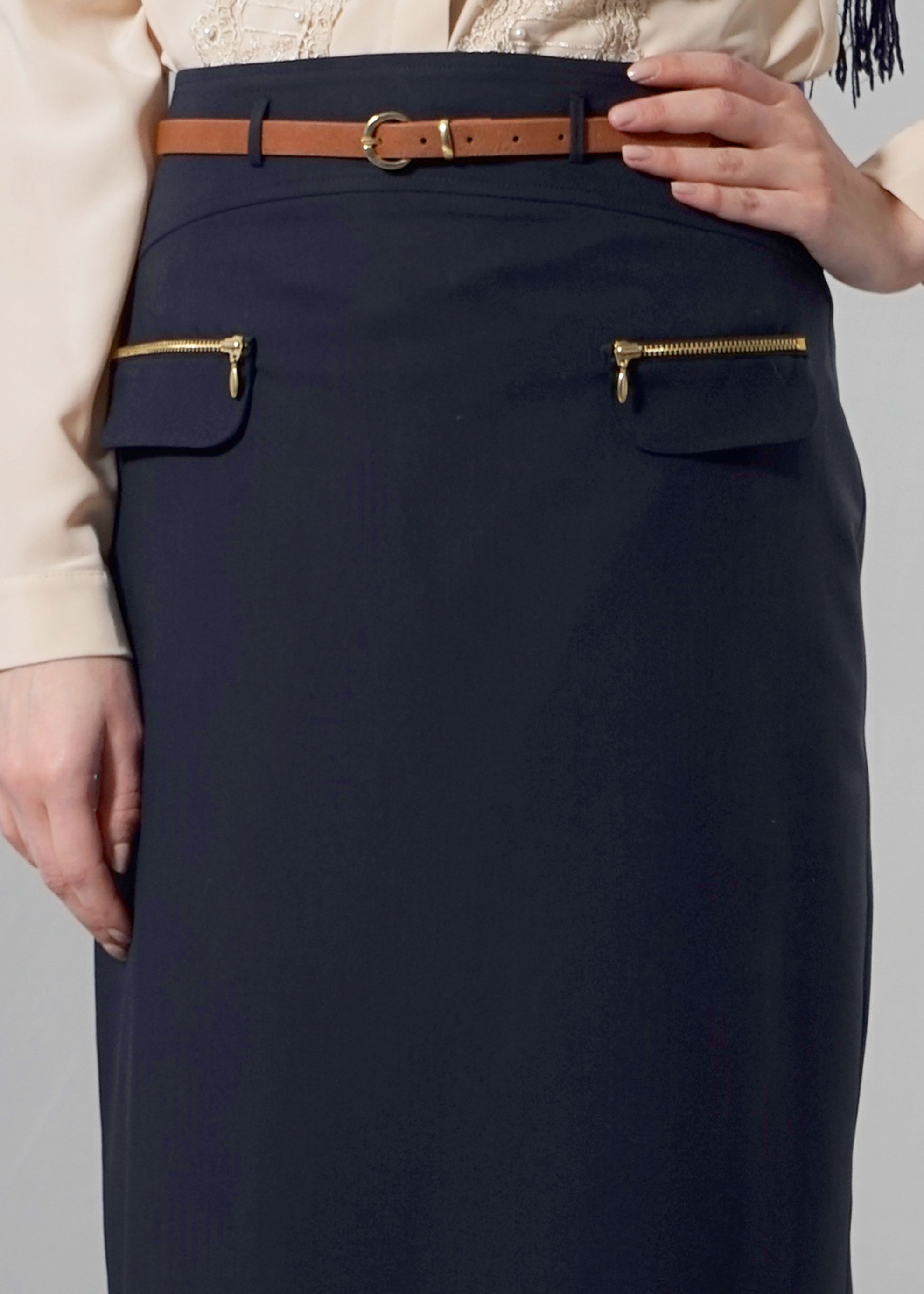 Tesettür giyim LACİVERT FERMUAR DETAYLI DÜZ KESİM ETEK 6841