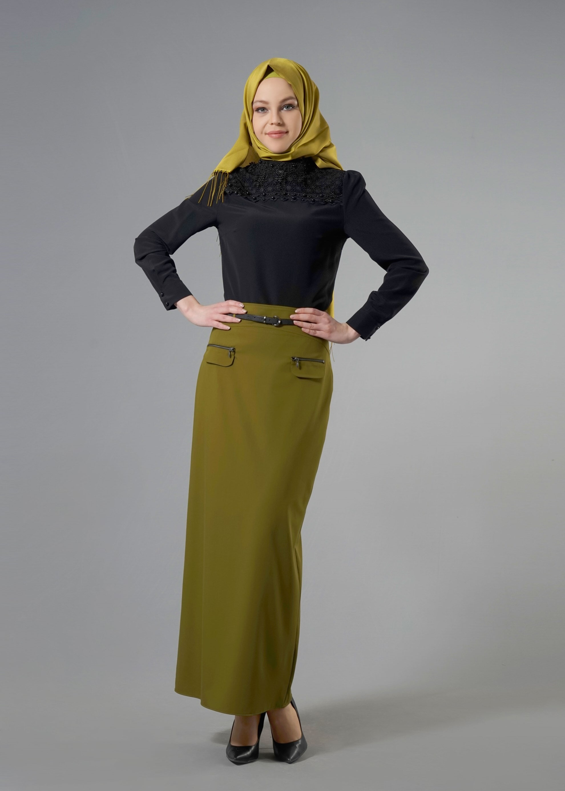 Tesettür giyim YEŞİL FERMUAR DETAYLI DÜZ KESİM ETEK 6841