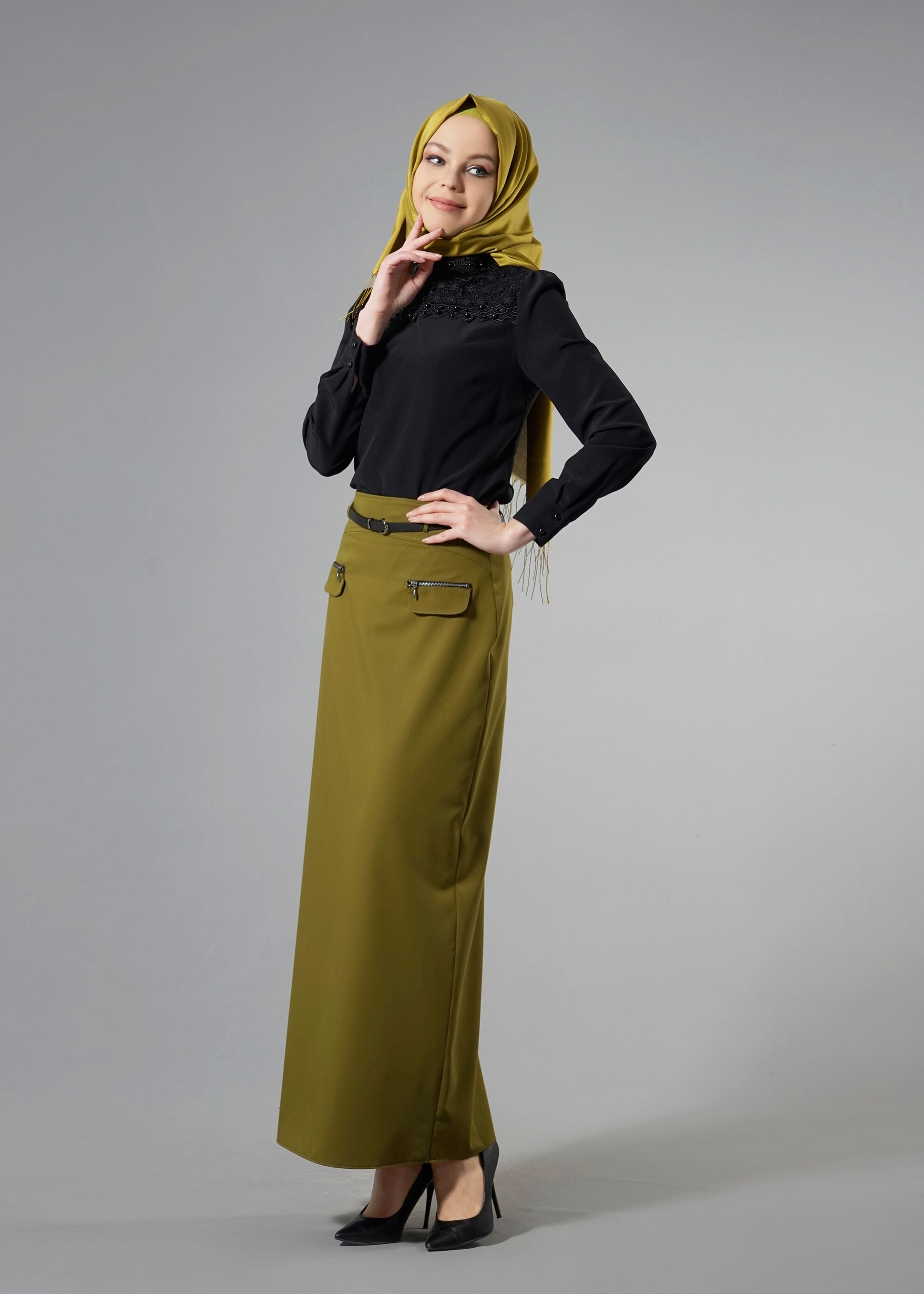 Tesettür giyim YEŞİL FERMUAR DETAYLI DÜZ KESİM ETEK 6841