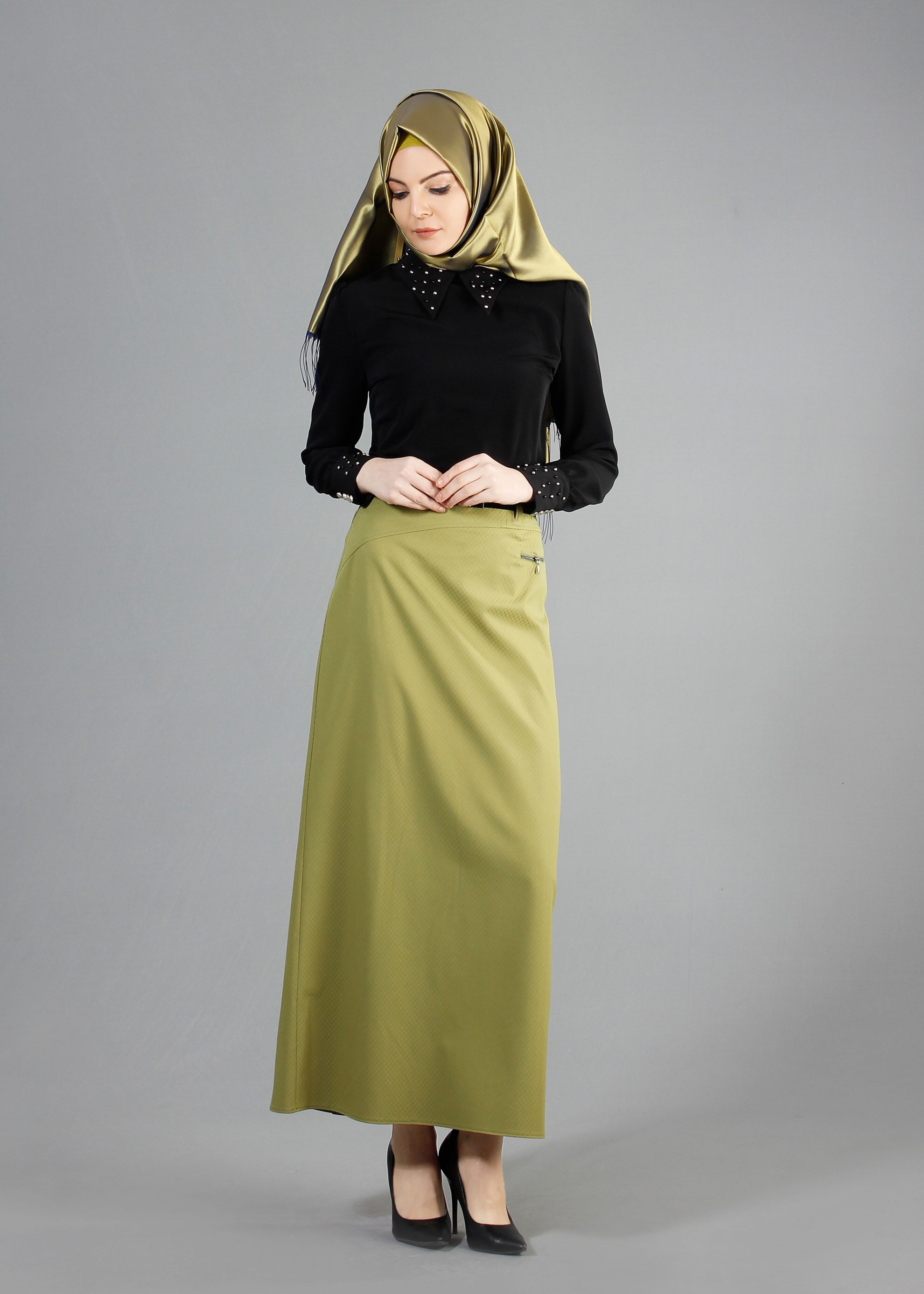 Tesettür giyim YEŞİL FERMUAR DETAYLI DÜZ KESİM ETEK 6842