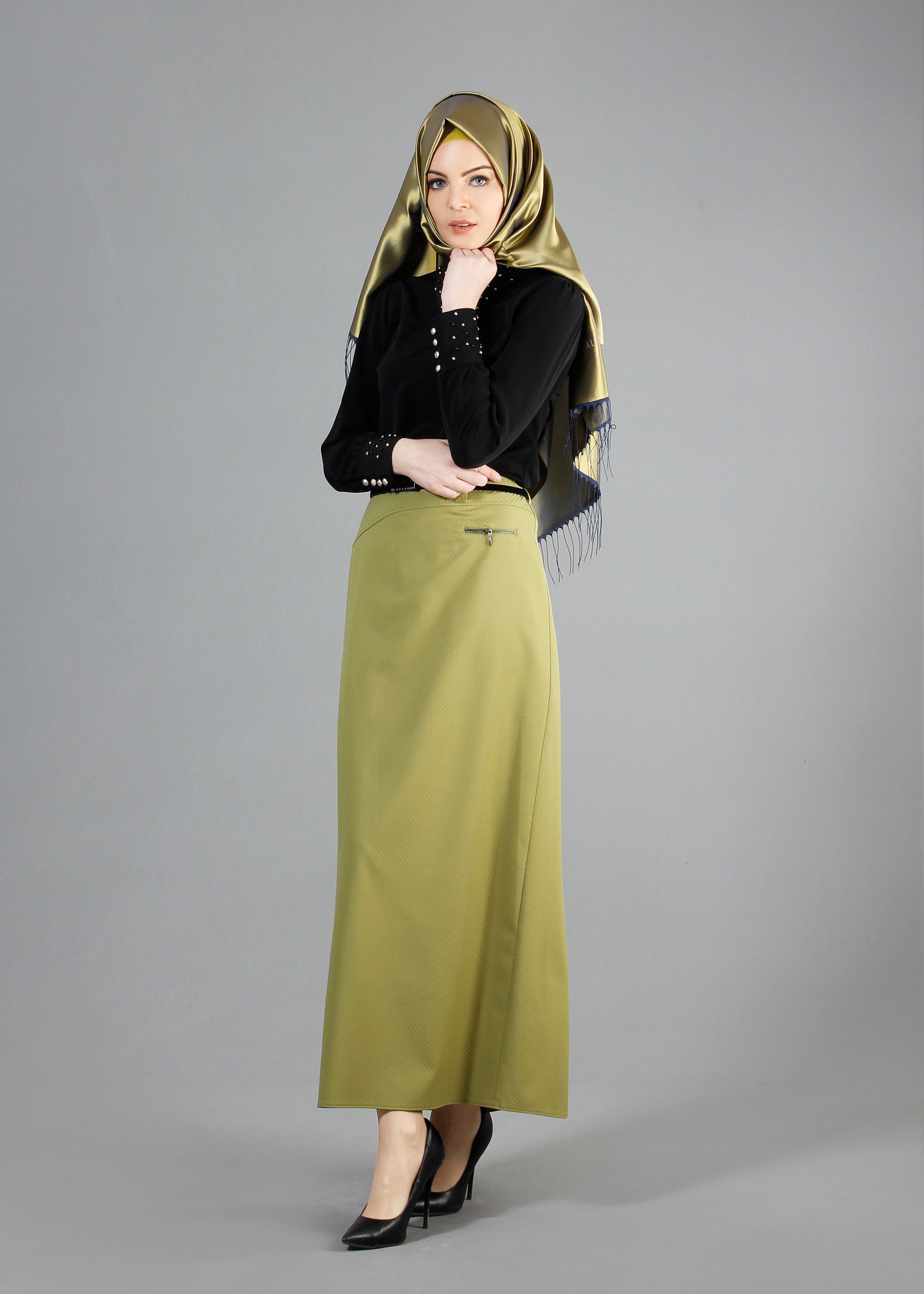 Tesettür giyim YEŞİL FERMUAR DETAYLI DÜZ KESİM ETEK 6842