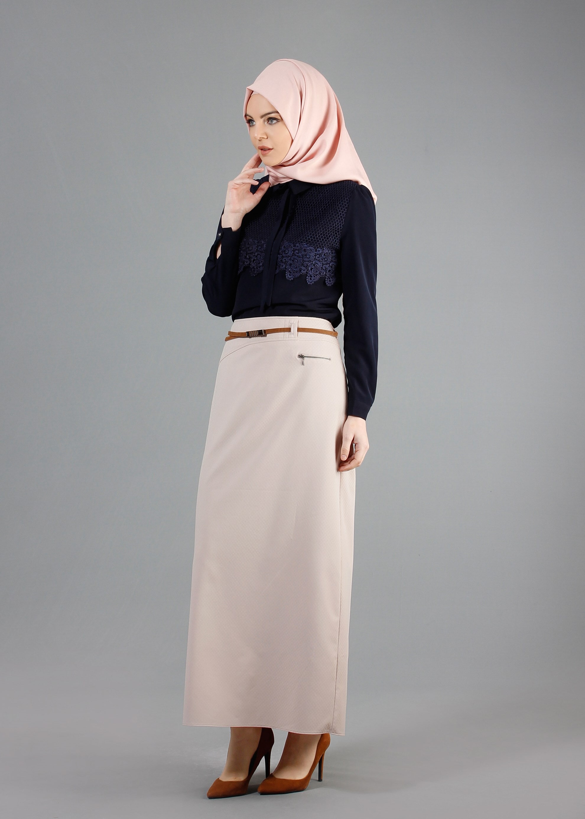 Tesettür giyim BEJ FERMUAR DETAYLI DÜZ KESİM ETEK 6842