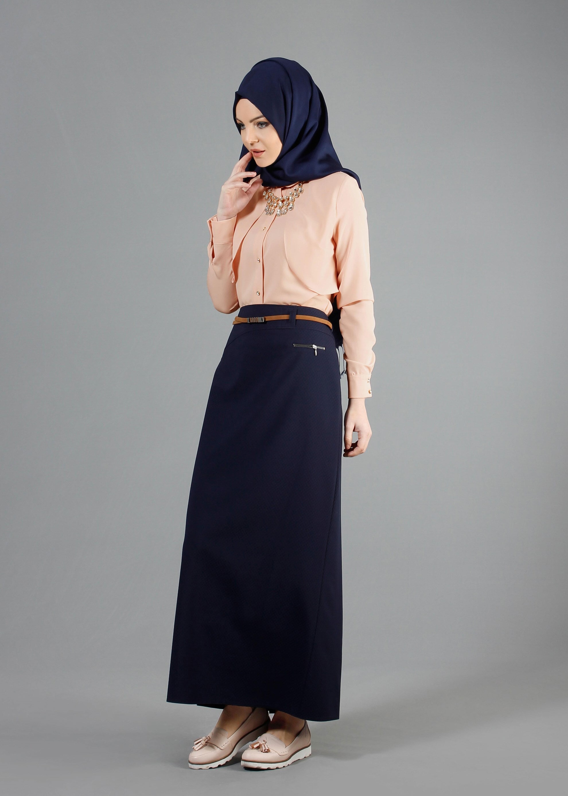 Tesettür giyim LACİVERT FERMUAR DETAYLI DÜZ KESİM ETEK 6842
