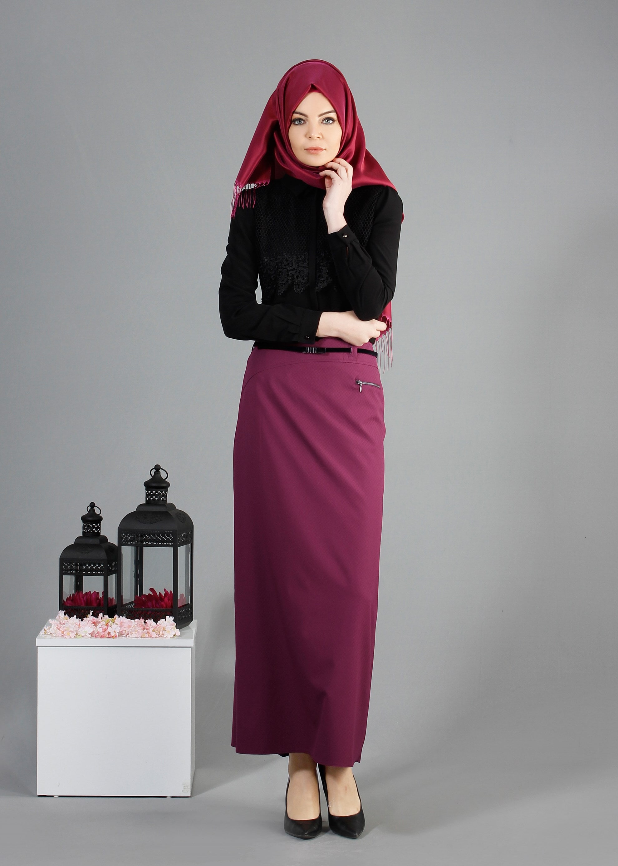 Tesettür giyim MOR FERMUAR DETAYLI DÜZ KESİM ETEK 6842