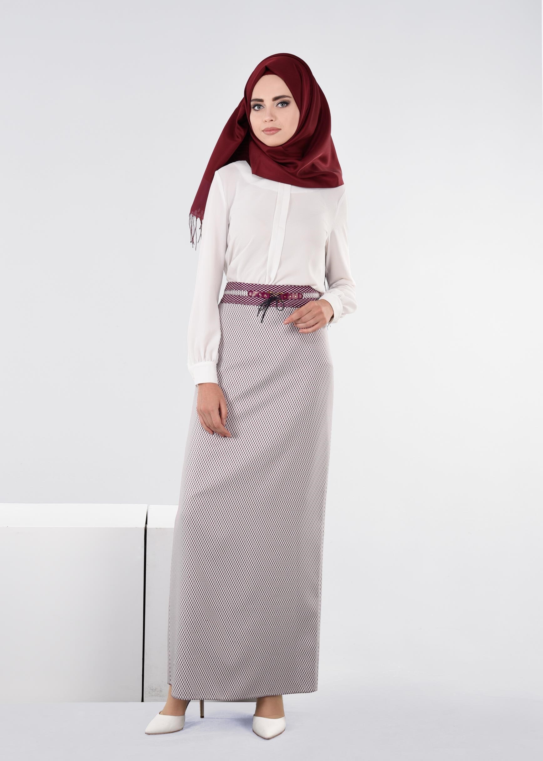 Tesettür giyim FUŞYA DESENLİ GİZLİ YIRTMAÇLI ETEK 6844