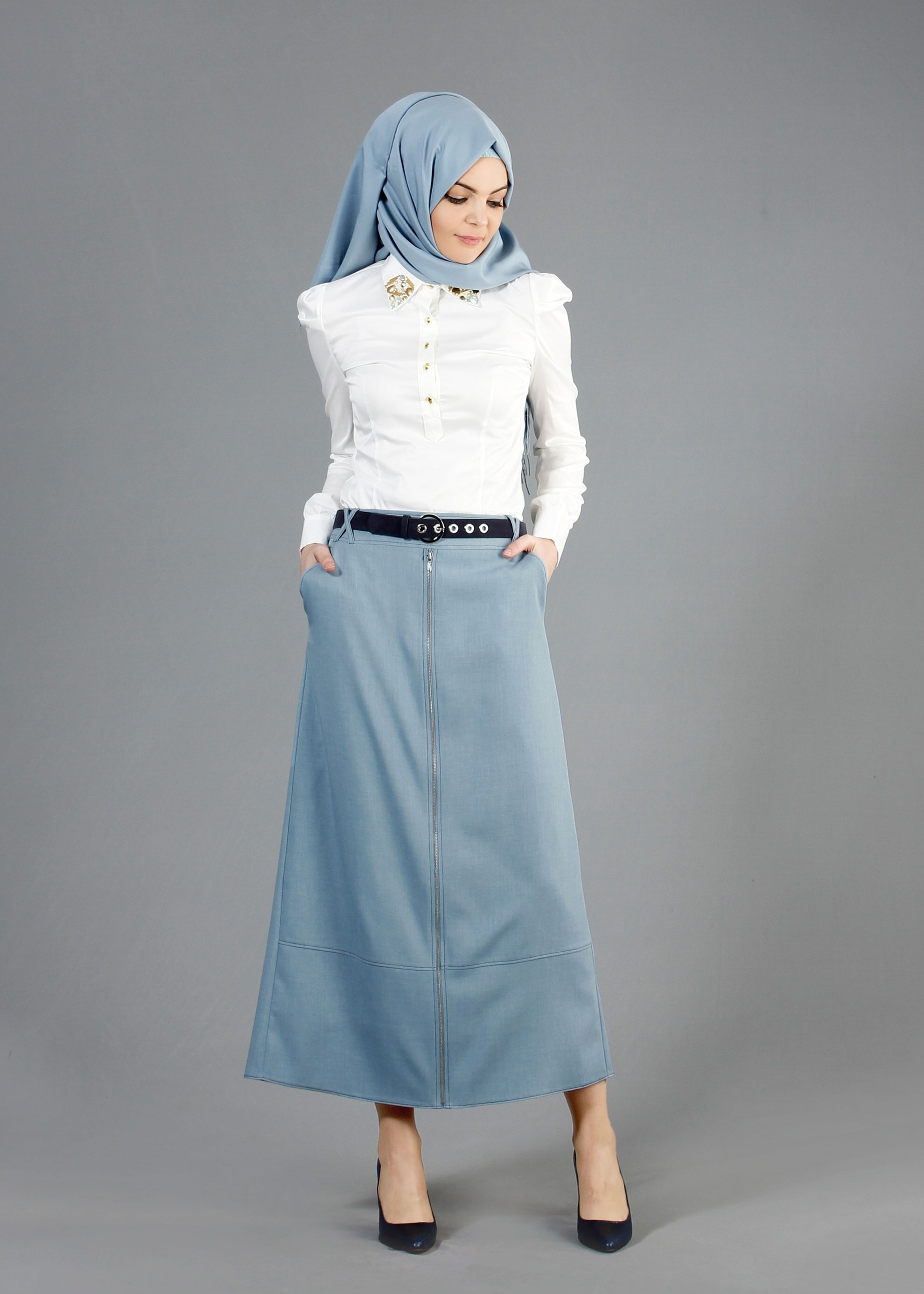 Tesettür giyim MAVİ 6849 Stil Tesettür Etek 38/46 TEK40