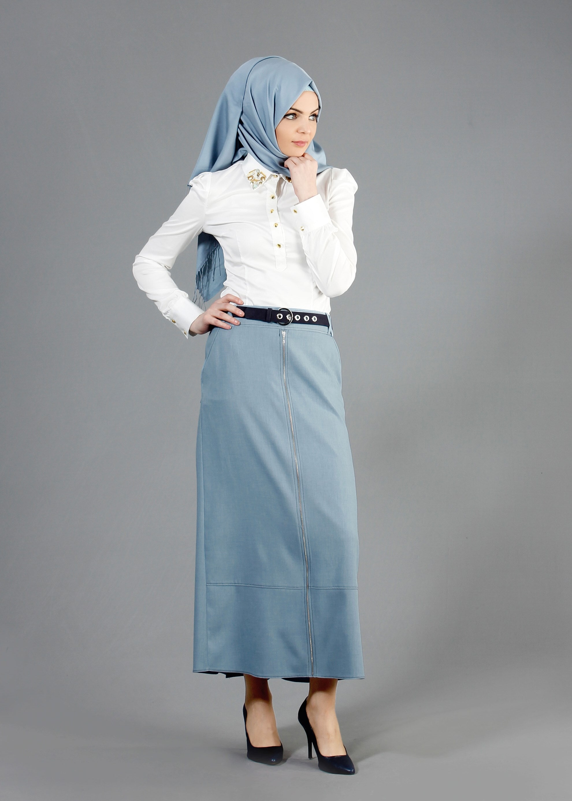 Tesettür giyim MAVİ 6849 Stil Tesettür Etek 38/46 TEK40