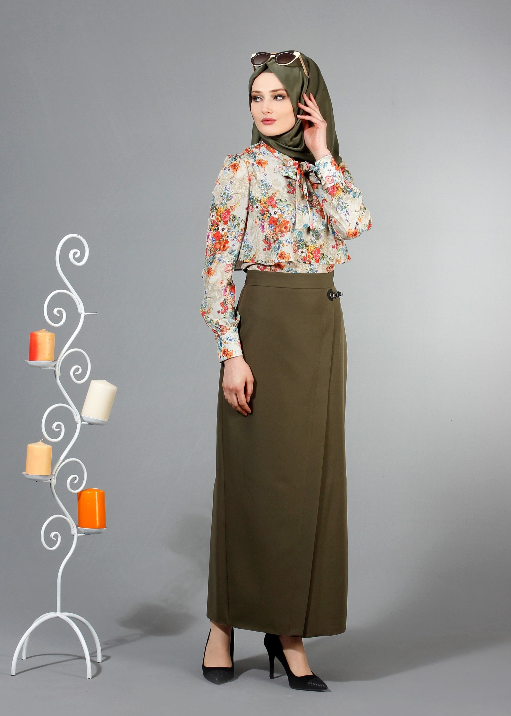 Tesettür giyim HAKİ 6853 Dilma Tesettür Etek 38/44 TEK36