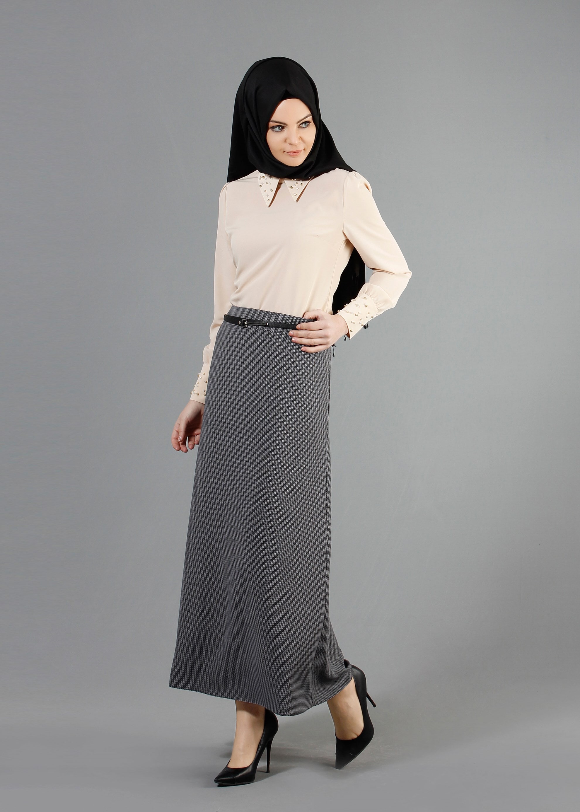 Tesettür giyim GRİ 6856 Çitlenbik Tesettür Etek  40/48