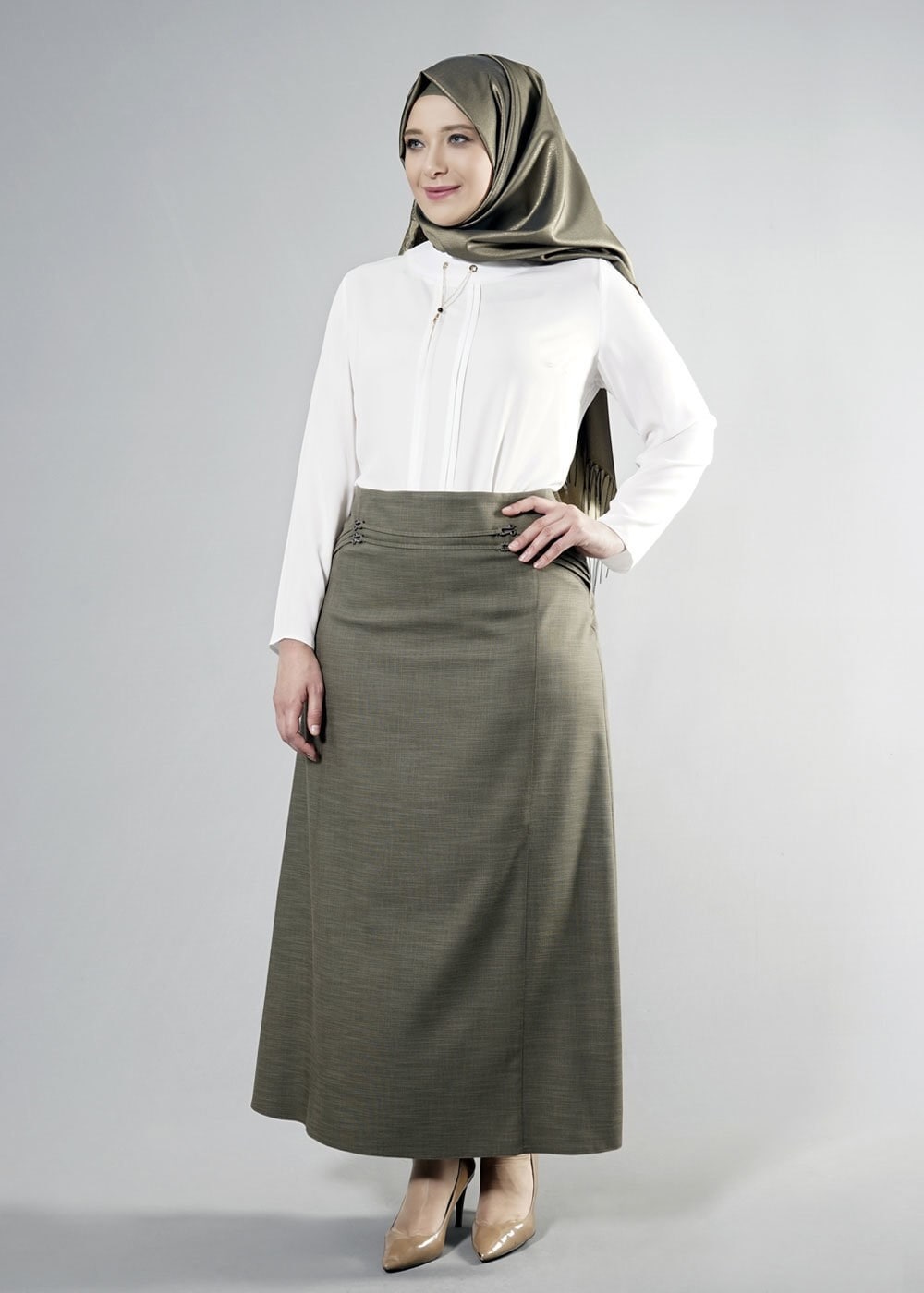 Tesettür giyim HAKİ 6861 NEW SHİNE ETEK 44/52