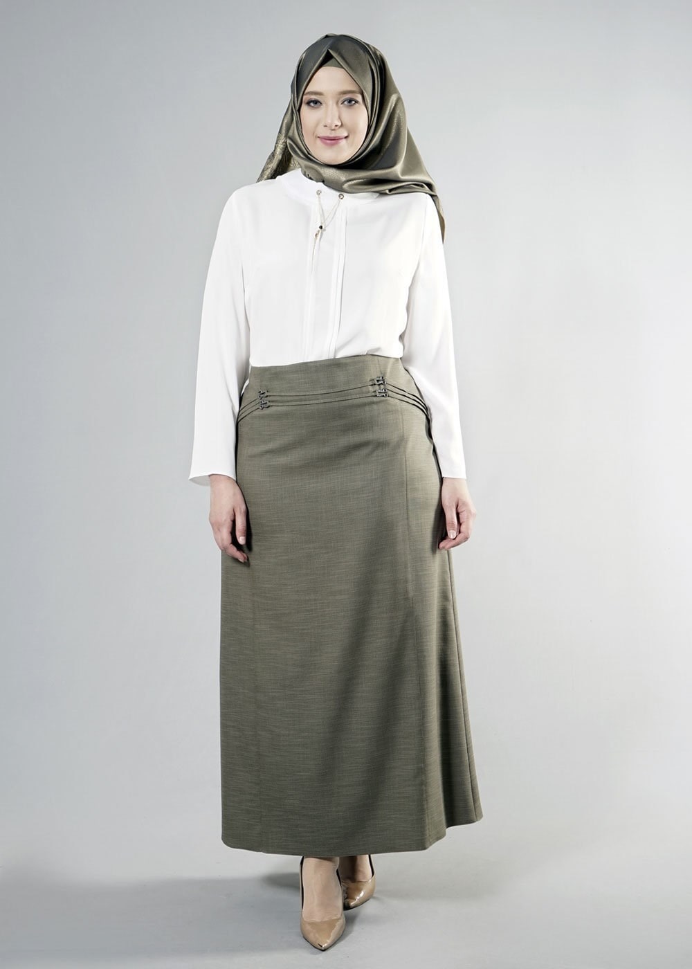 Tesettür giyim HAKİ 6861 NEW SHİNE ETEK 44/52