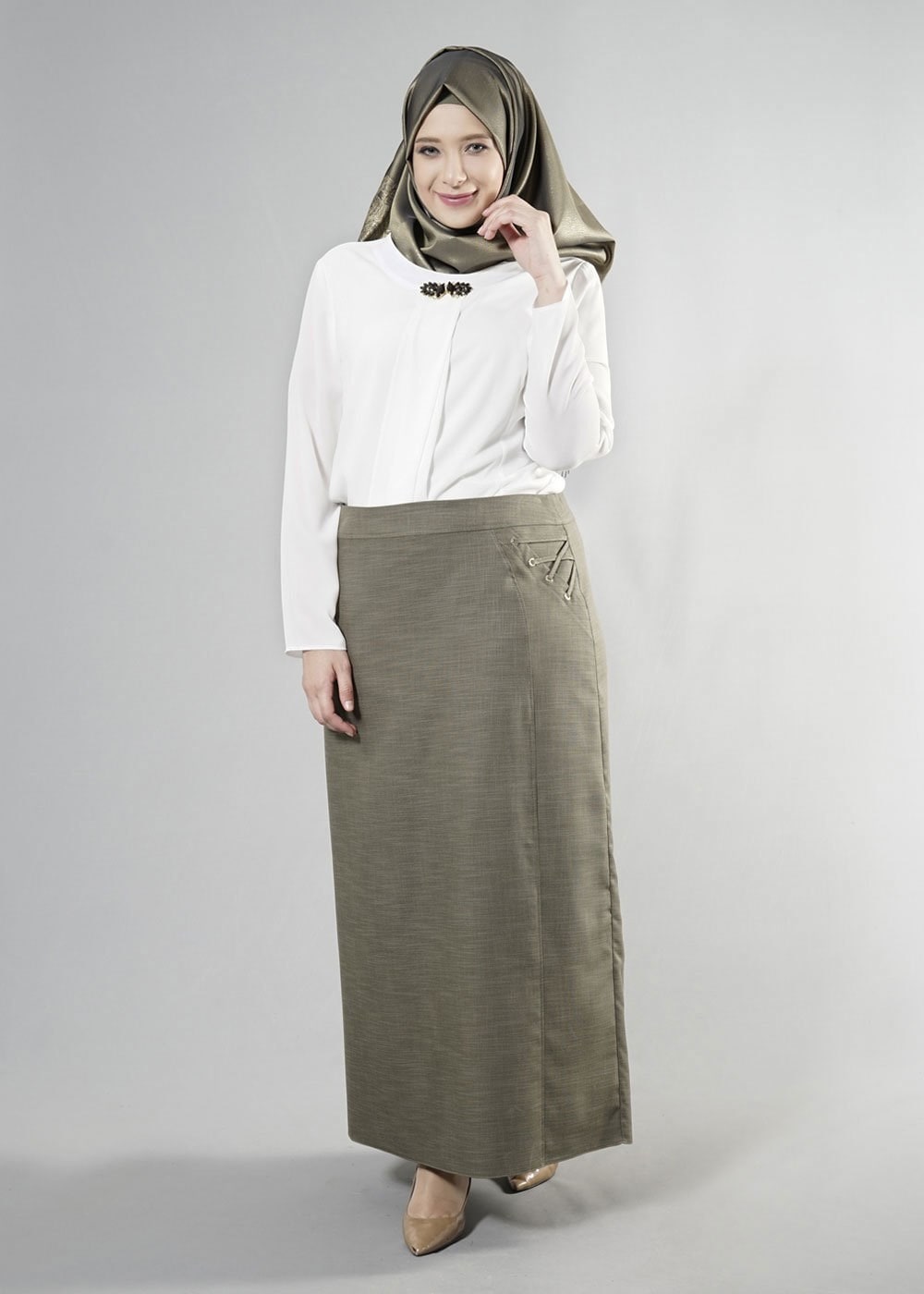 Tesettür giyim HAKİ 6862 NEW SHİNE ETEK 44/52 TEK42