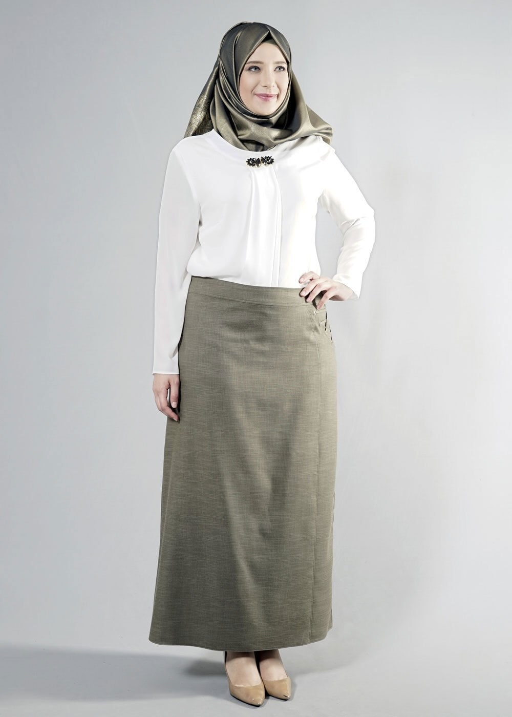 Tesettür giyim HAKİ 6862 NEW SHİNE ETEK 44/52 TEK42