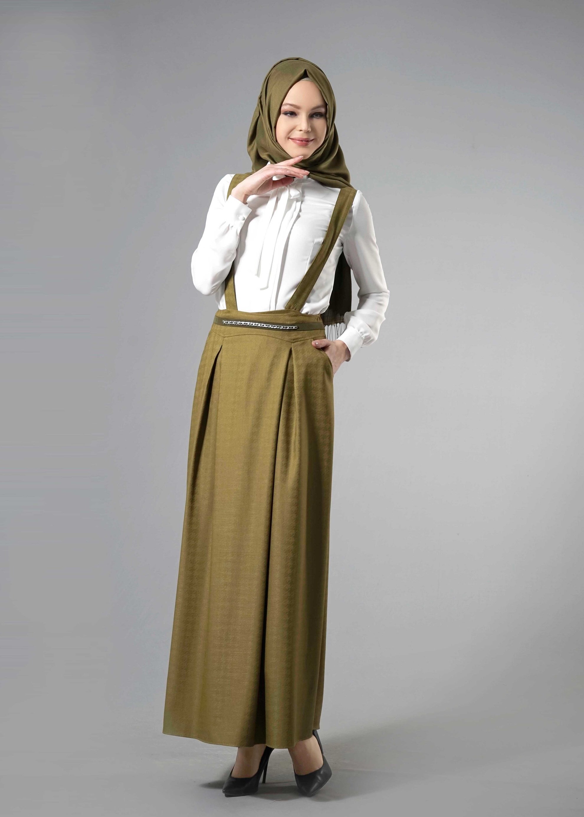 Tesettür giyim HAKİ ZİNCİR DETAYLI SALOPET ETEK 6863