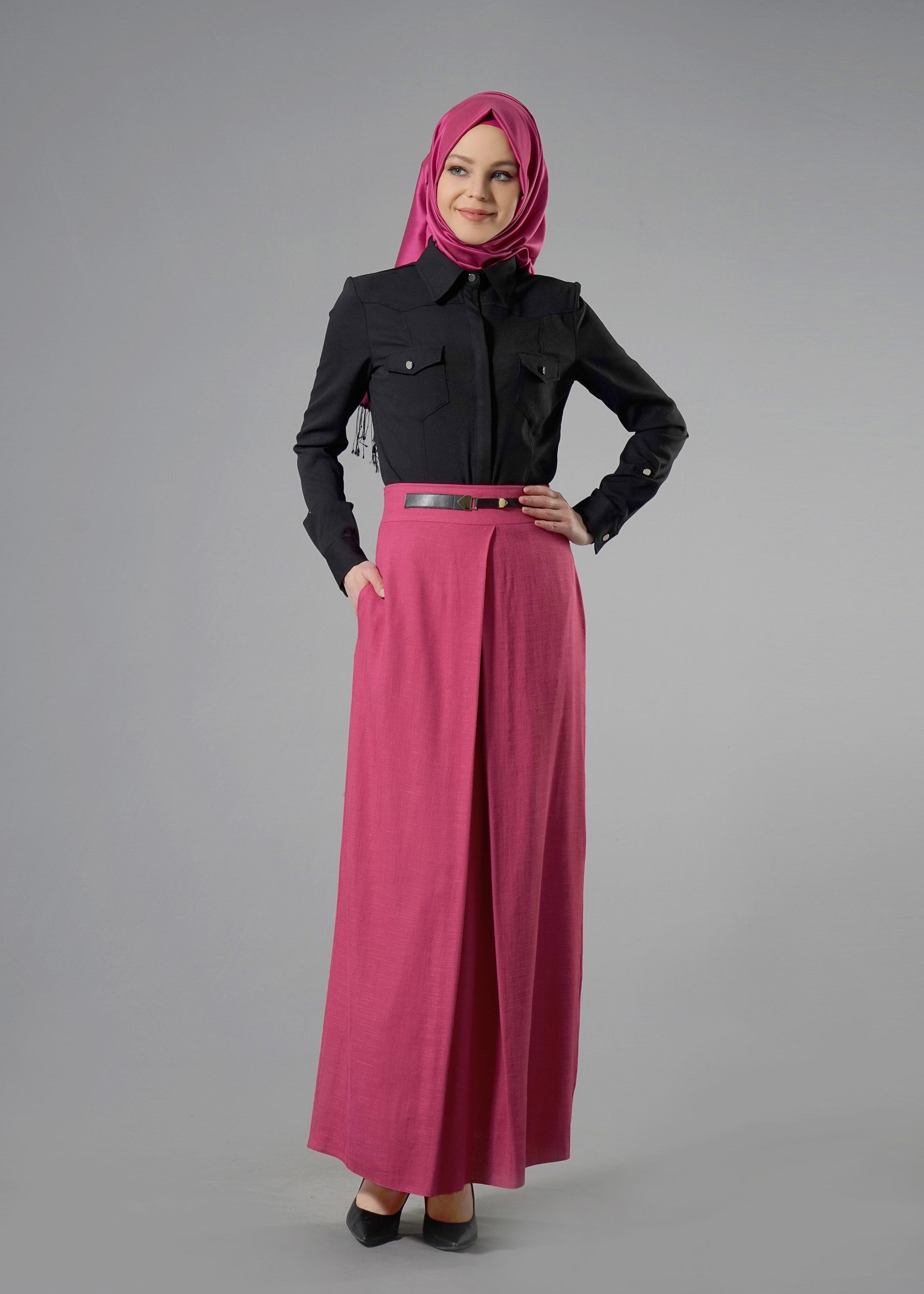 Tesettür giyim FUŞYA CEPLİ DÜZ KESİM ETEK 6869