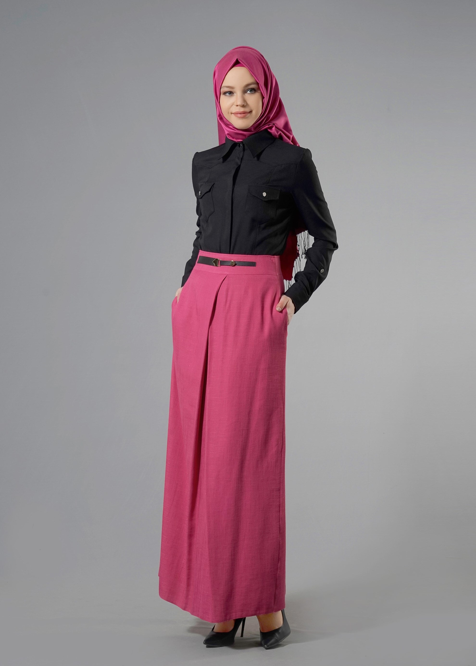 Tesettür giyim FUŞYA CEPLİ DÜZ KESİM ETEK 6869