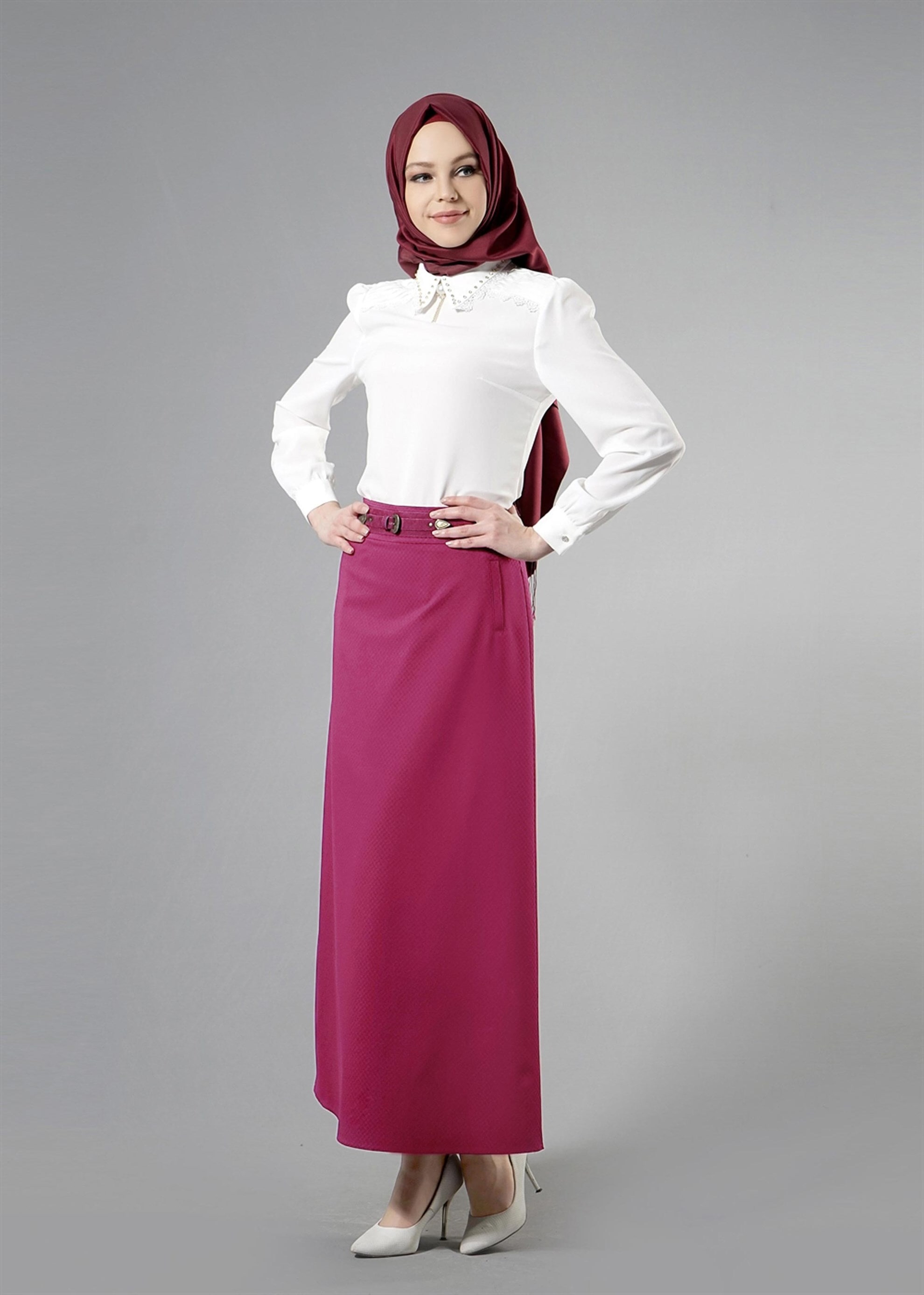 Tesettür giyim FUŞYA DÜZ KESİM METAL AKSEUARLI ETEK 6880