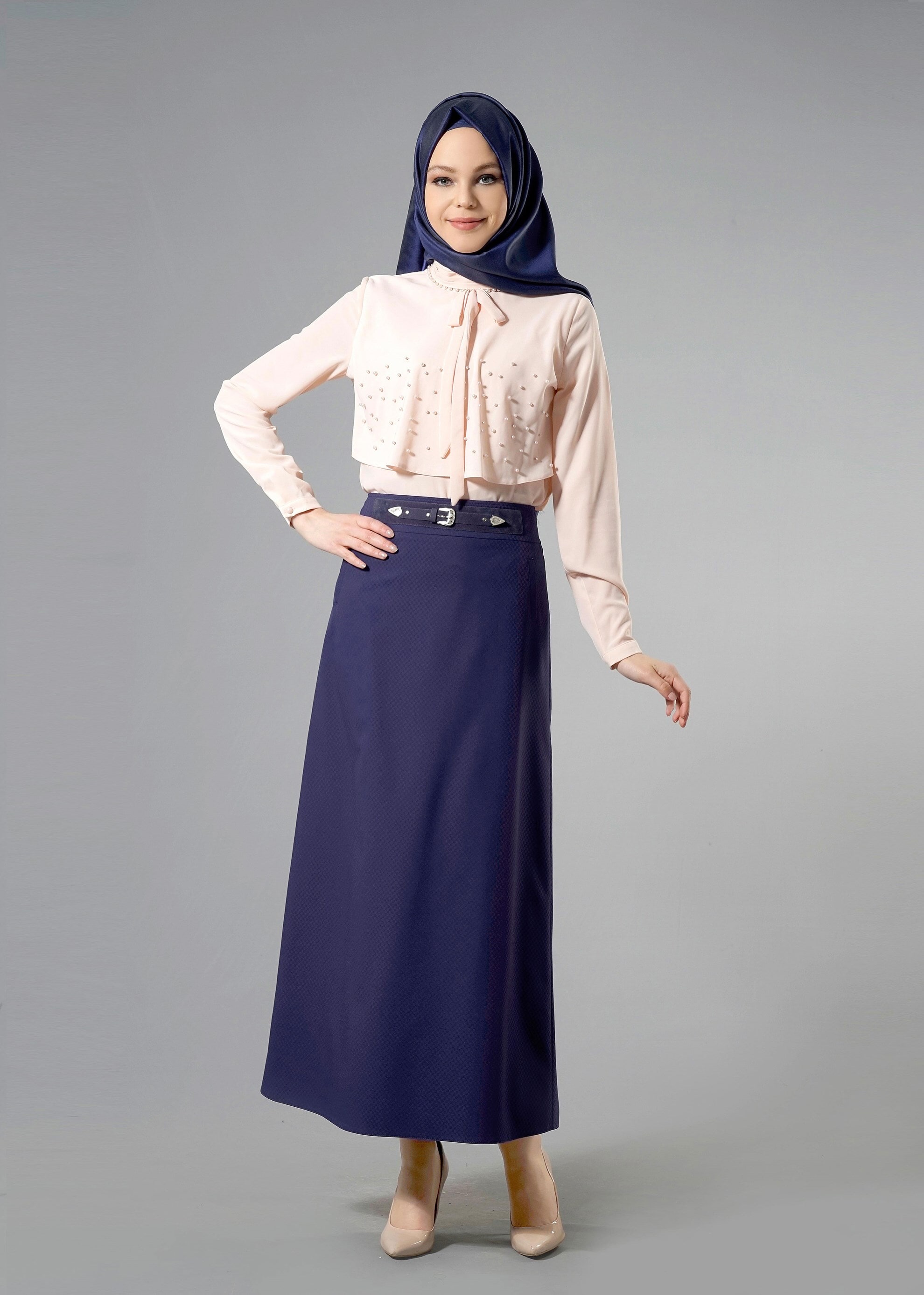 Tesettür giyim LACİVERT DÜZ KESİM METAL AKSEUARLI ETEK 6880