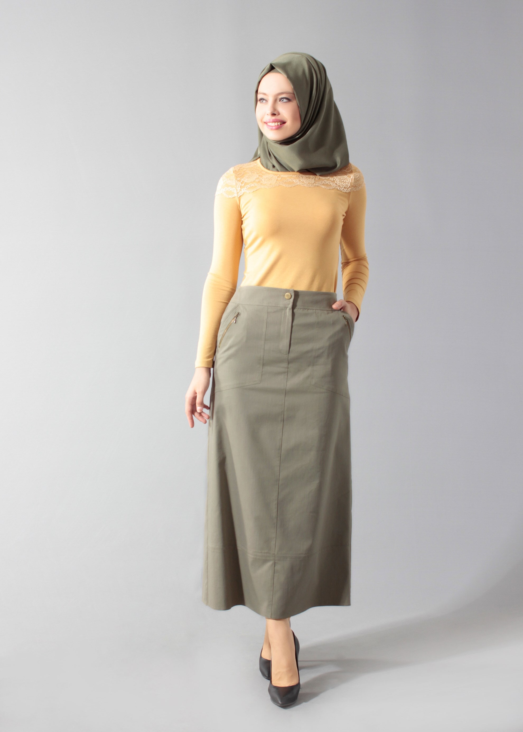 Tesettür giyim HAKİ 6891 Owen 553 Tesettür Etek 38/46 TEK40