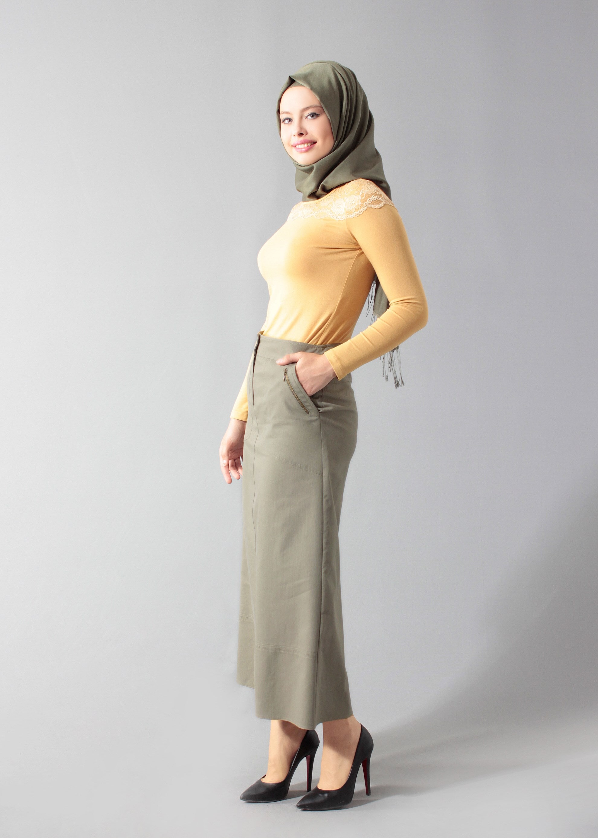 Tesettür giyim HAKİ 6891 Owen 553 Tesettür Etek 38/46 TEK40