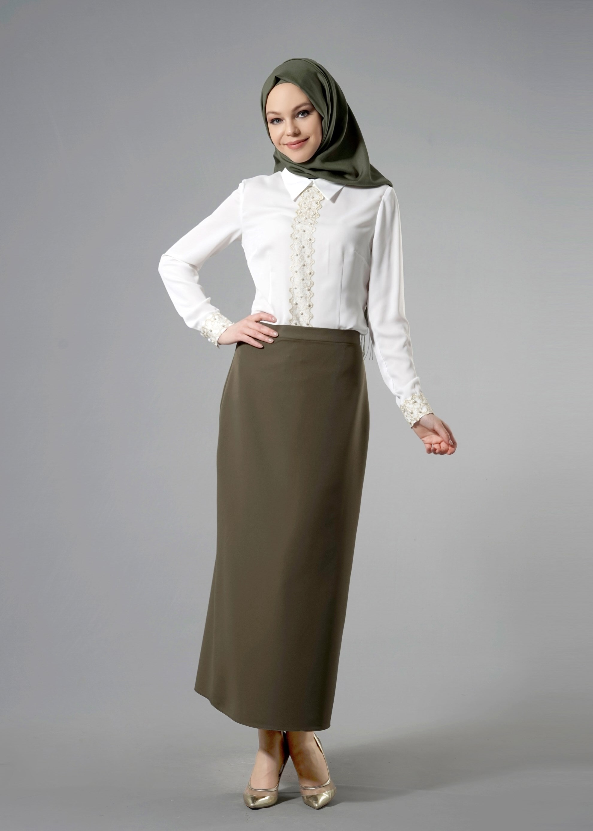 Tesettür giyim HAKİ 6914 Dilma Tesettür 43551 Etek 38/48 TEK40
