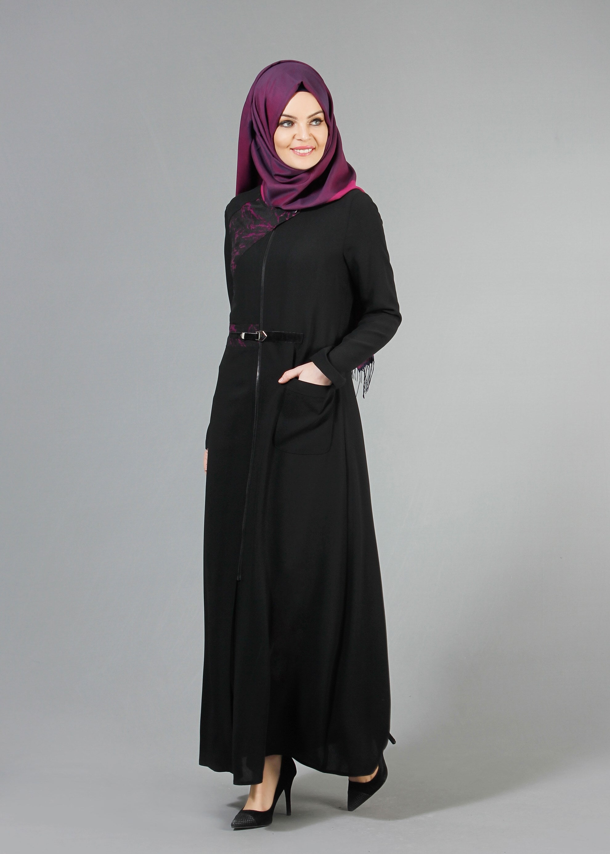 Tesettür giyim SİYAH 8190 Nil Crep Tesettür Ferace 38/46 TEK40