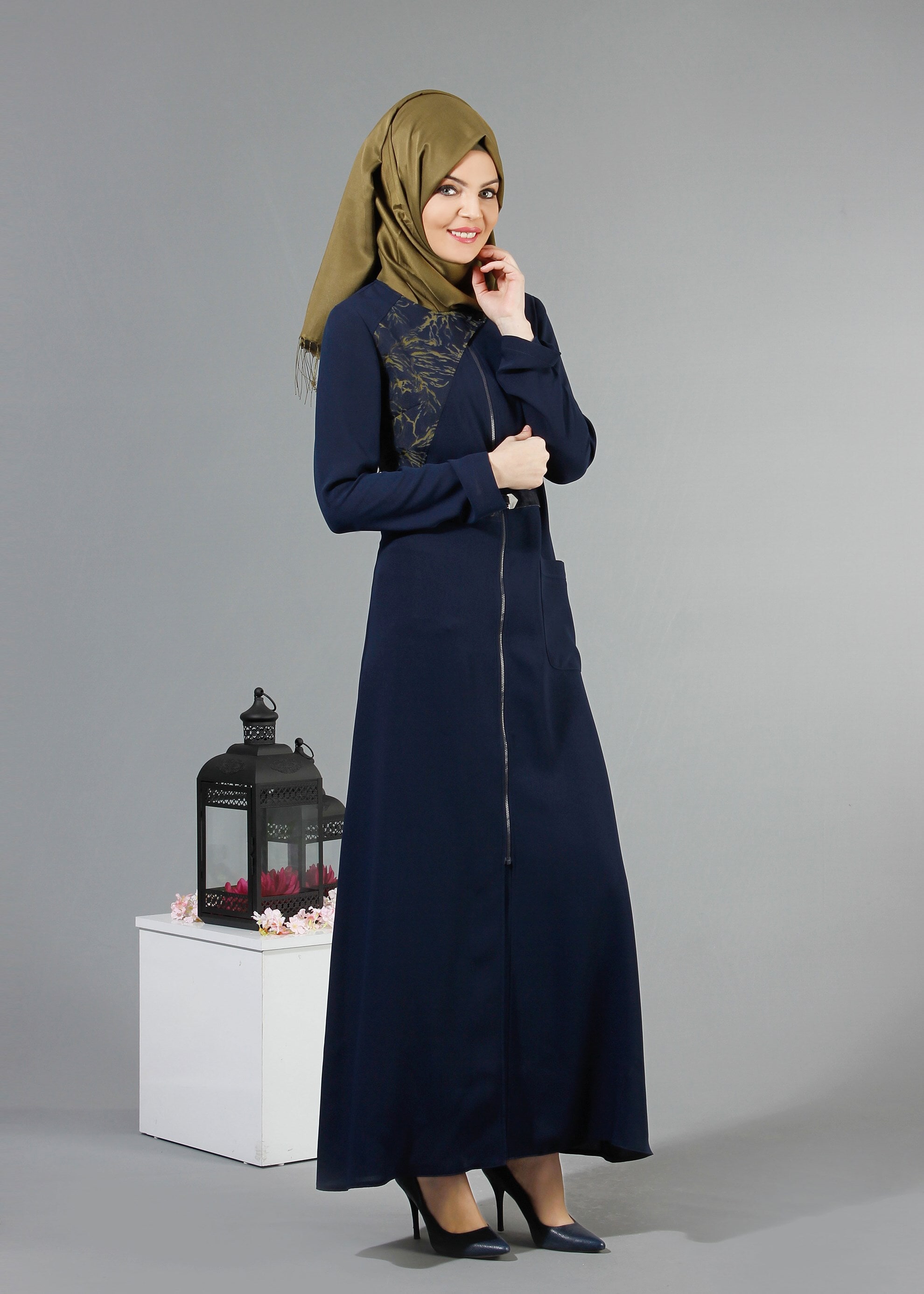 Tesettür giyim LACİVERT 8190 Nil Crep Tesettür Ferace 38/46 TEK40