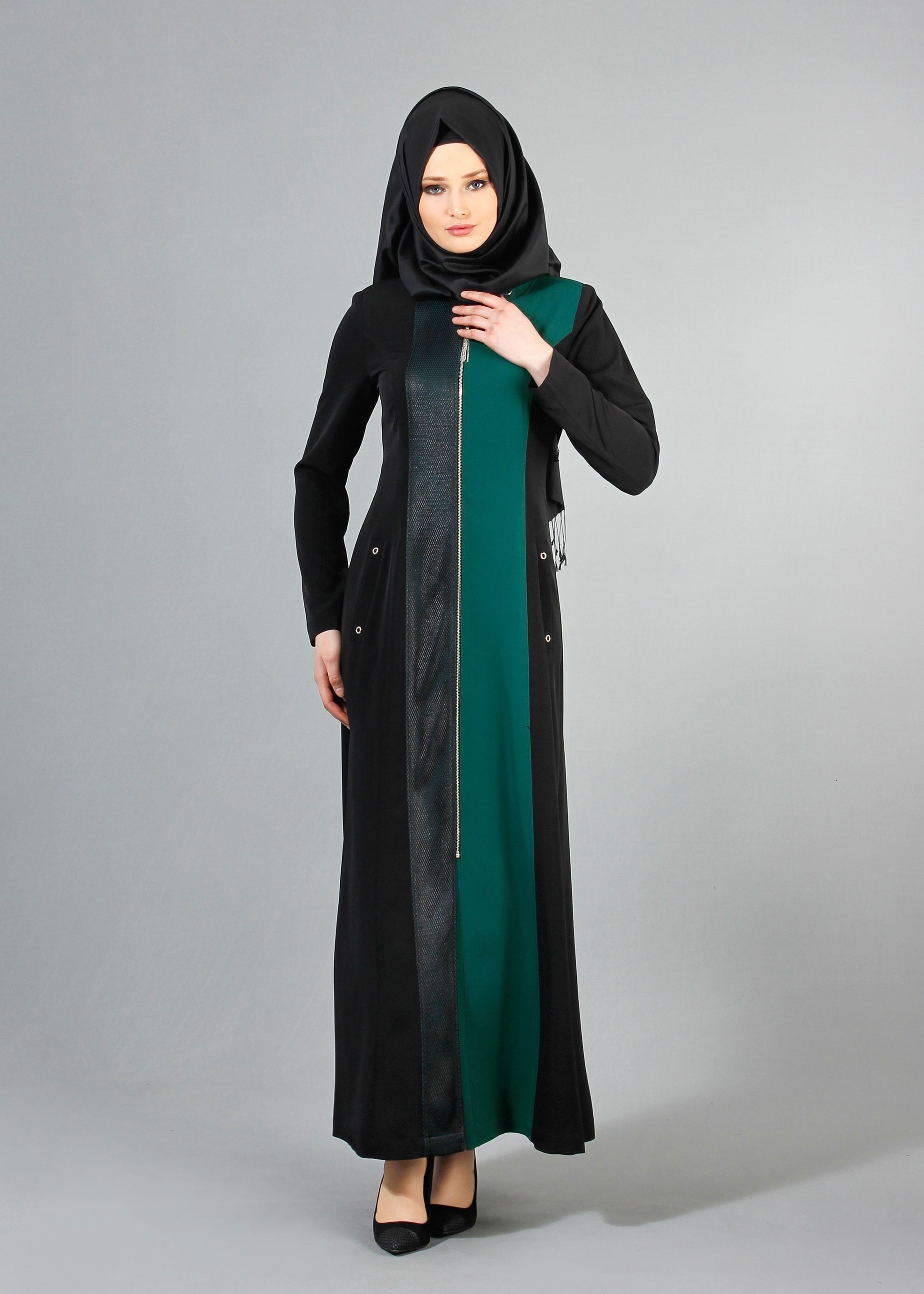 Tesettür giyim SİYAH 1704 Crep Cupra Tesettür Pardesü 38/48 TEK40