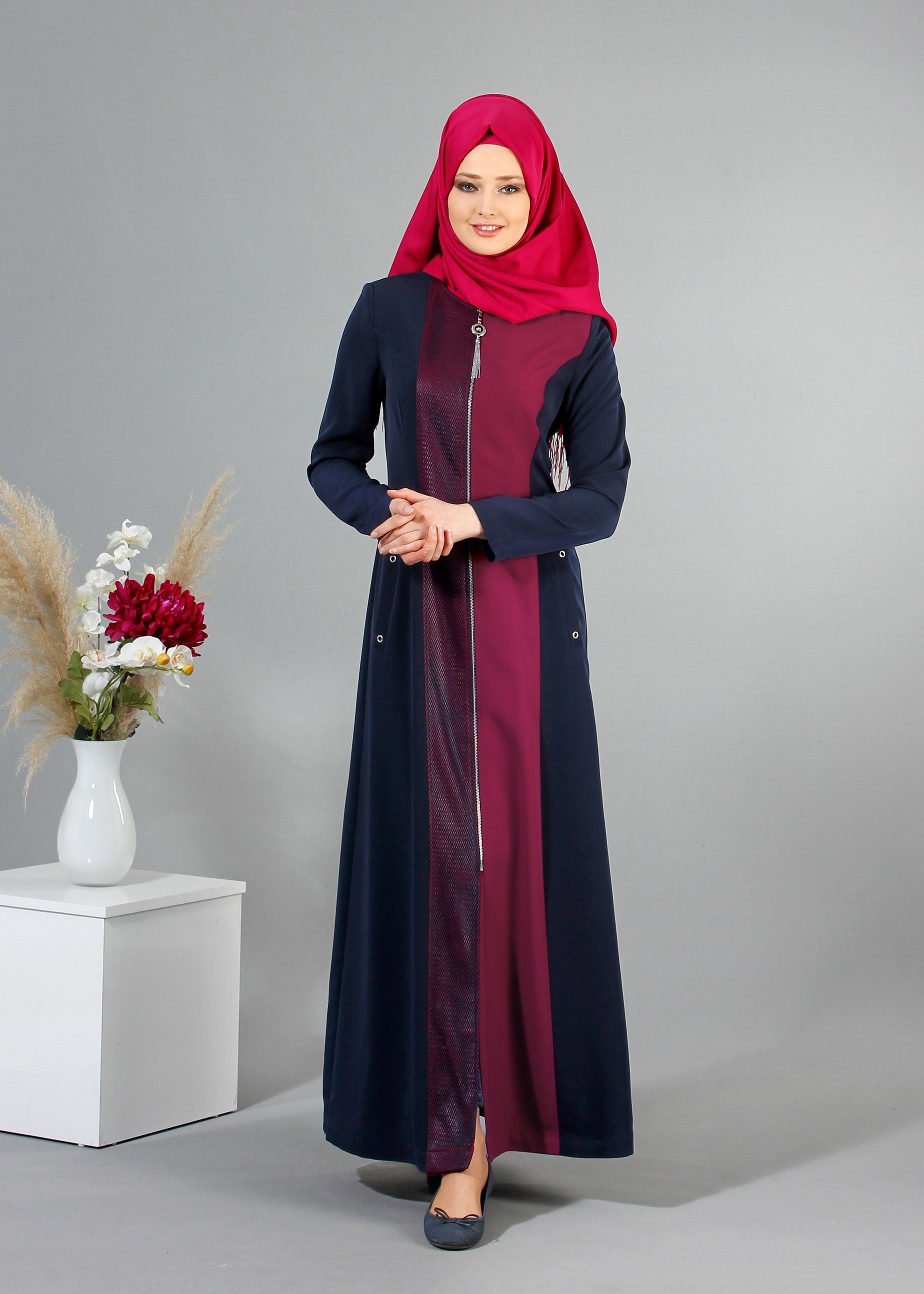 Tesettür giyim LACİVERT 1704 Crep Cupra Tesettür Pardesü 38/48 TEK40