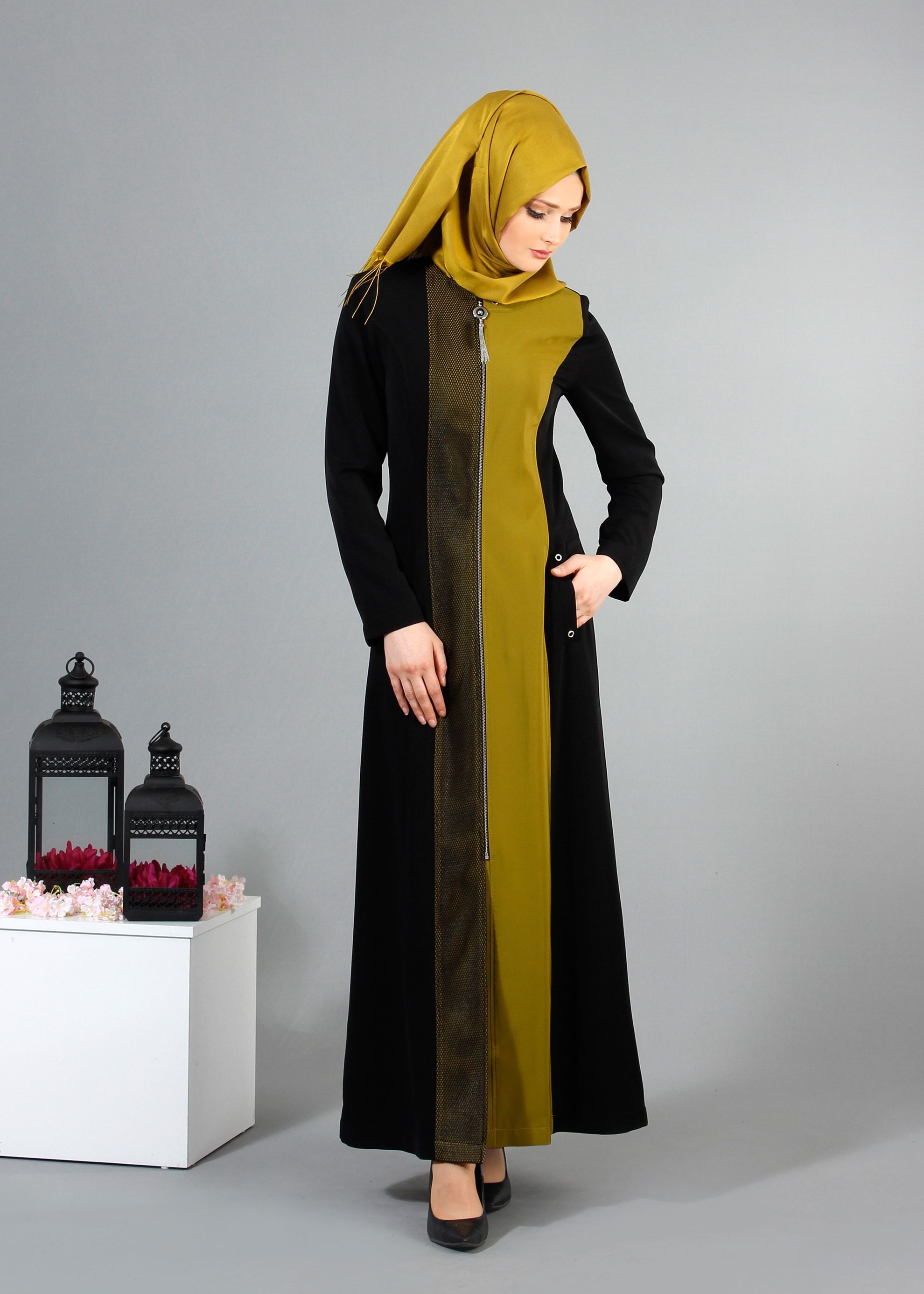 Tesettür giyim SİYAH 1704 Crep Cupra Tesettür Pardesü 38/48 TEK40