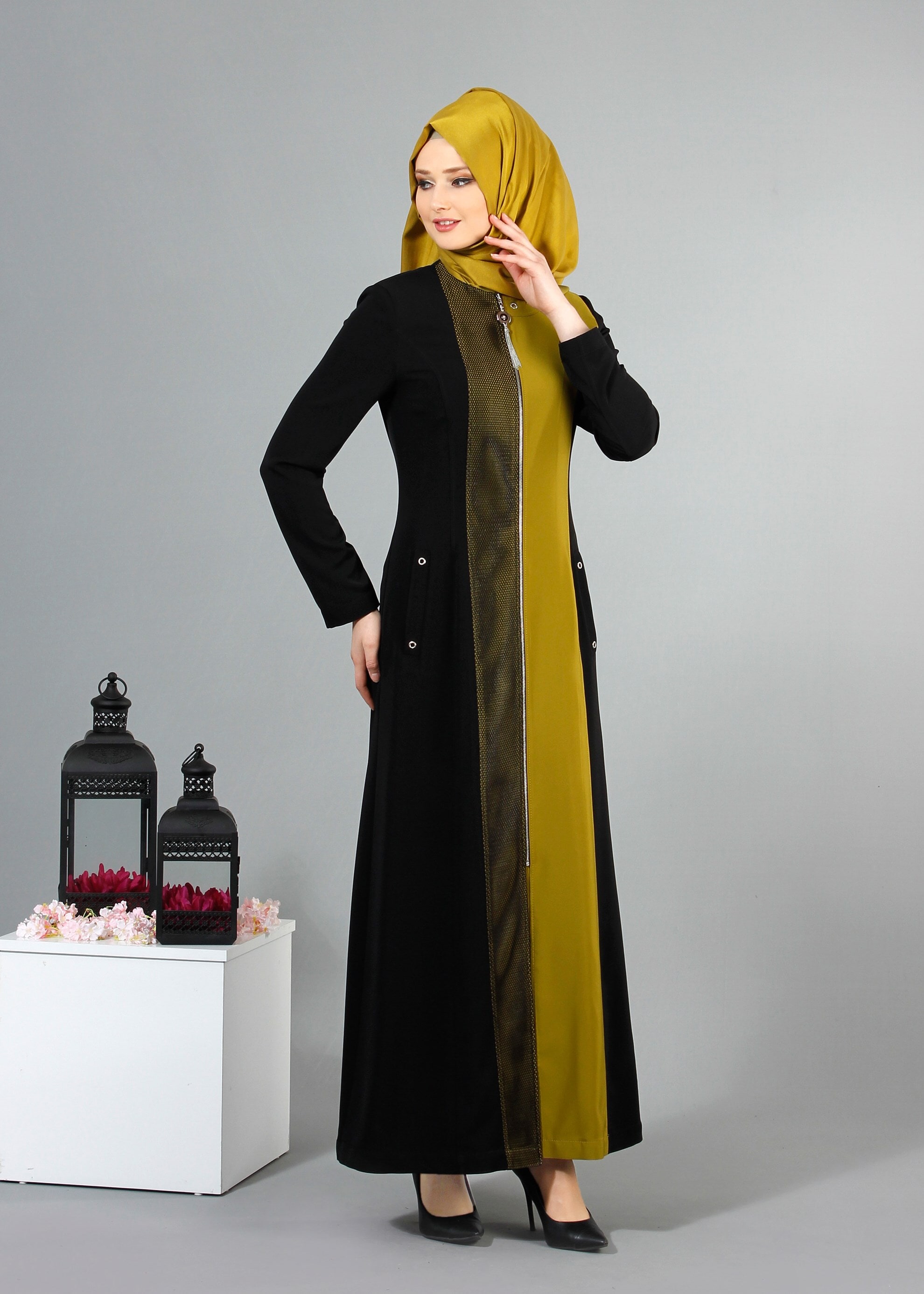 Tesettür giyim SİYAH 1704 Crep Cupra Tesettür Pardesü 38/48 TEK40