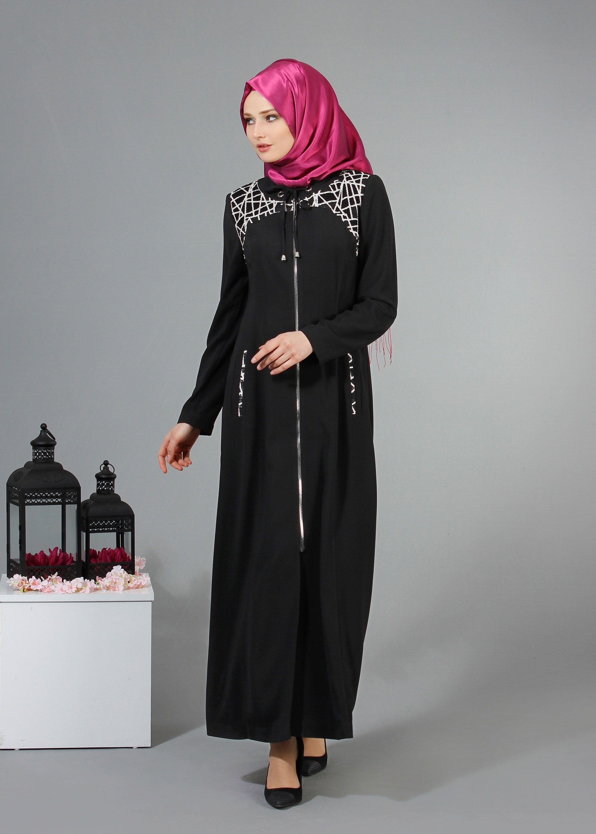 Tesettür giyim SİYAH 1707 Sufle Tesettür Pardesü 40/48 TEK38