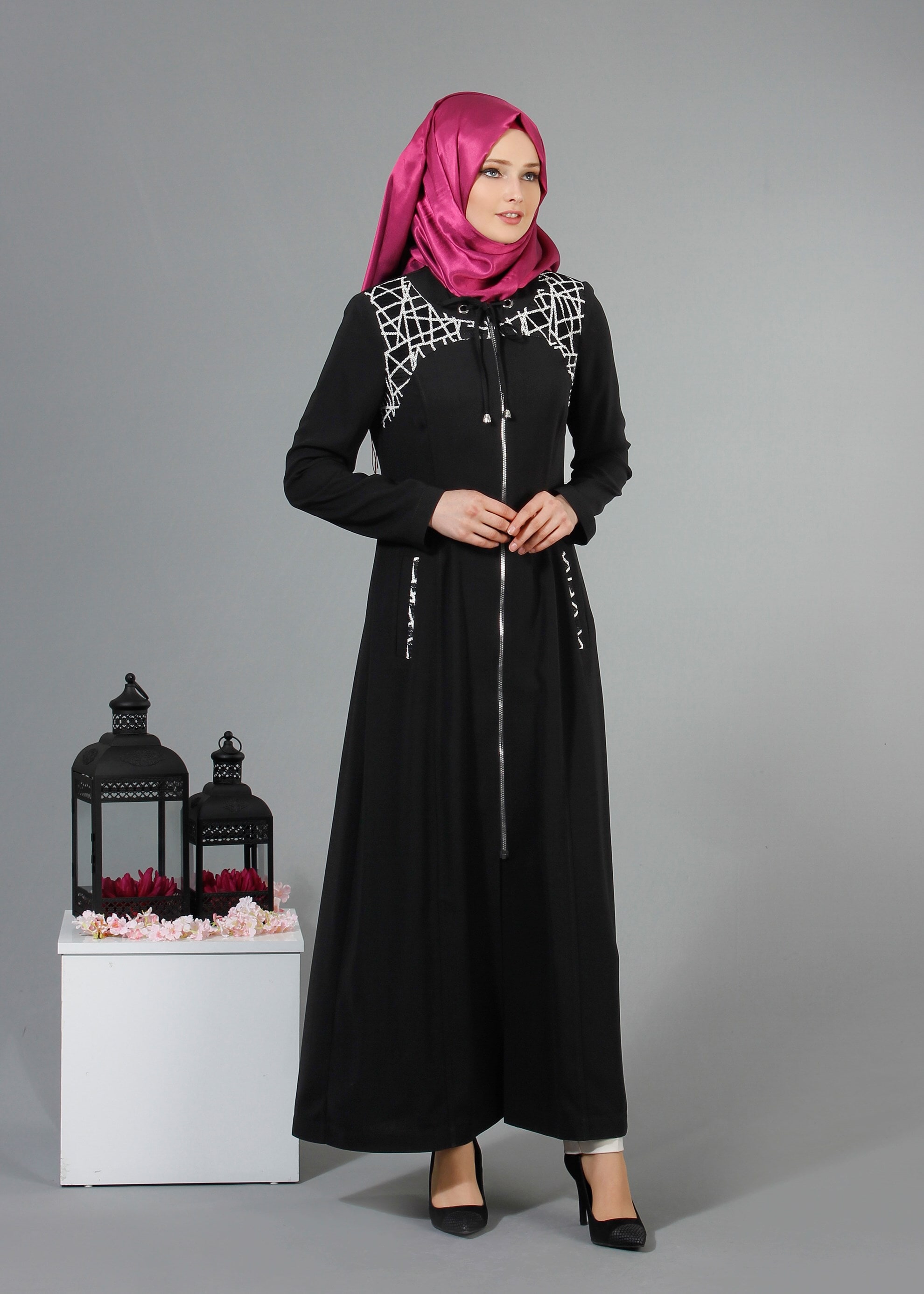Tesettür giyim SİYAH 1707 Sufle Tesettür Pardesü 40/48 TEK38