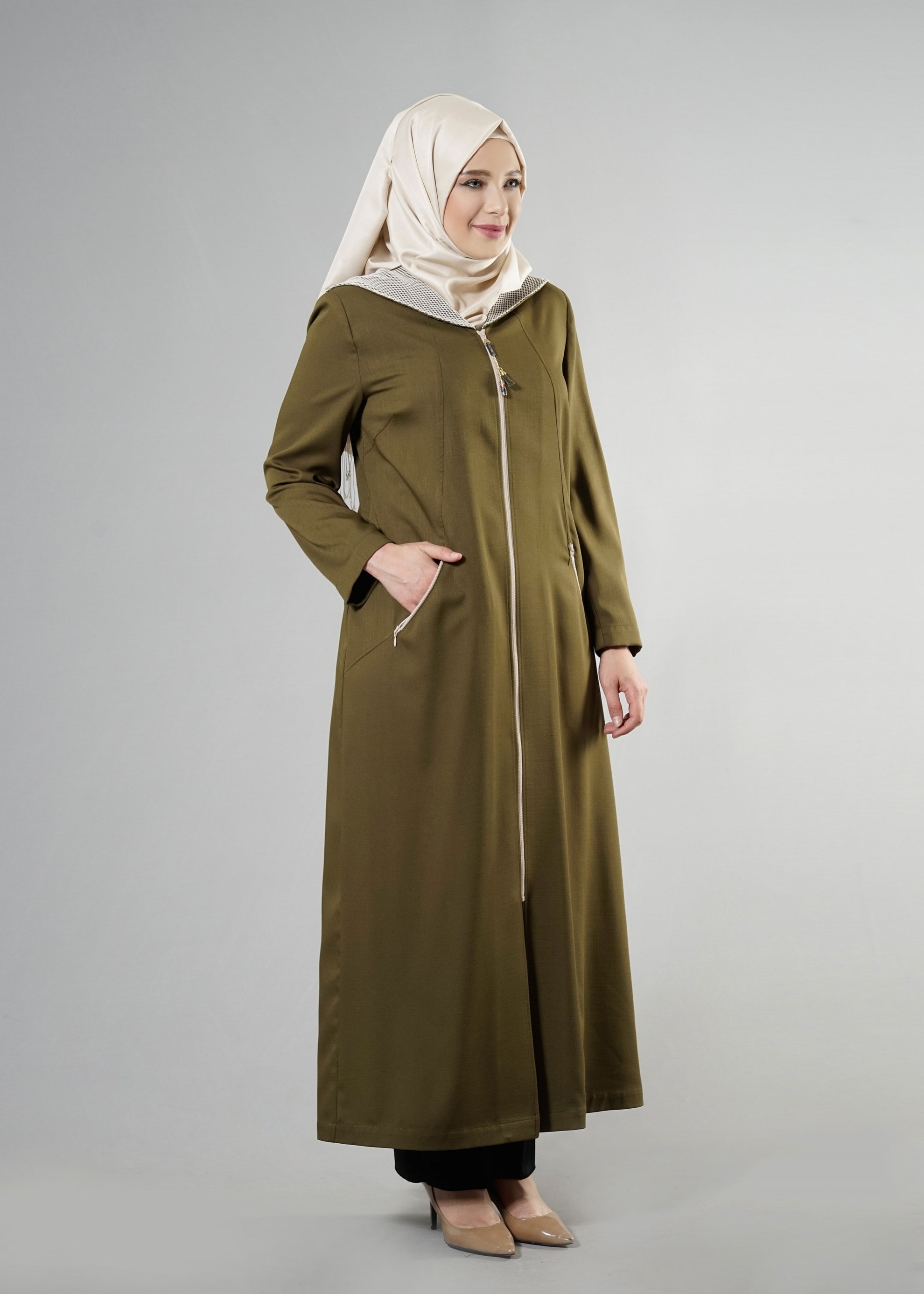 Tesettür giyim HAKİ 1760 Derin Tesettür 8169 Pardesü 44/50 TEK46