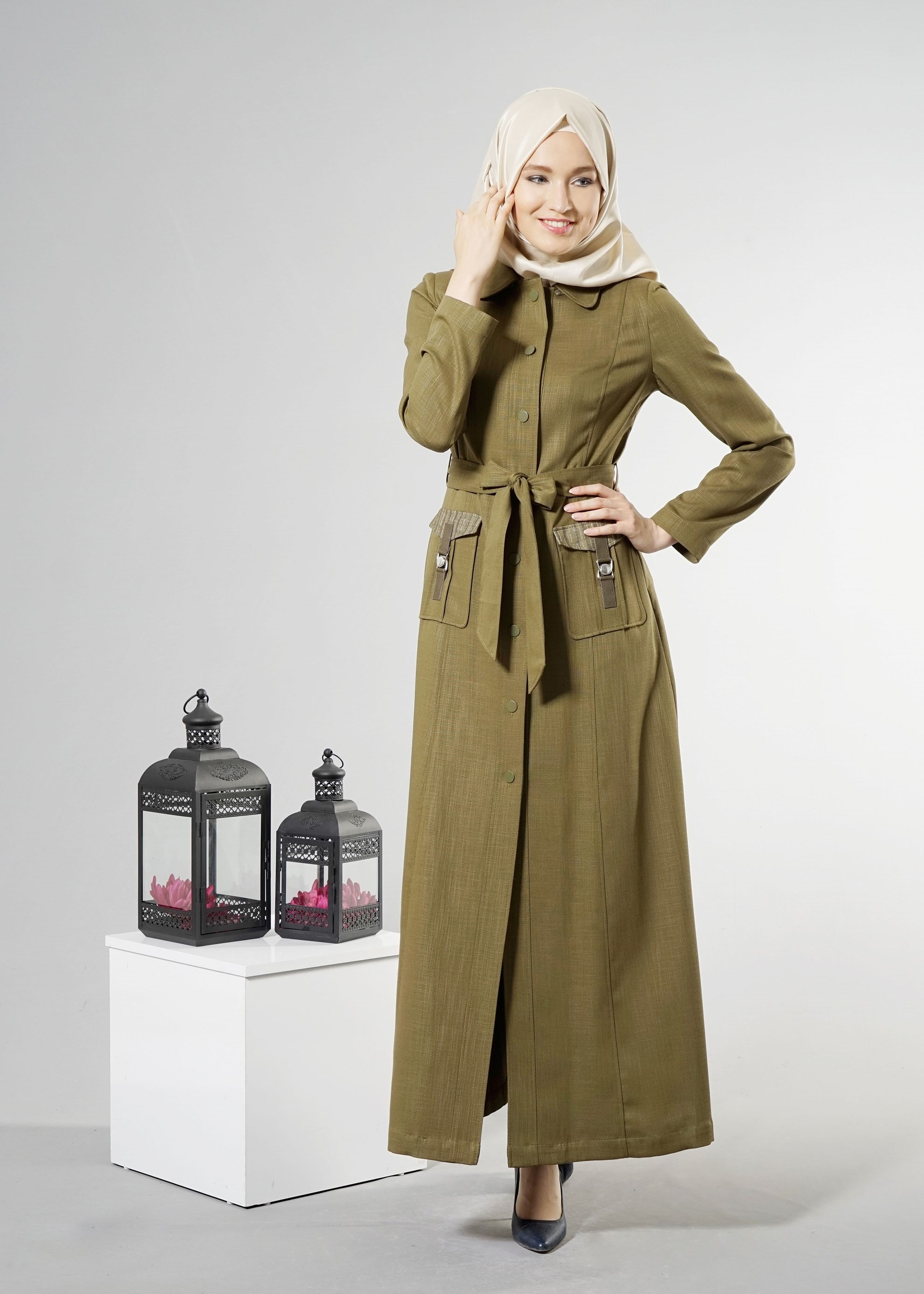 Tesettür giyim HAKİ 1765 New Shine Pardesü 38/46