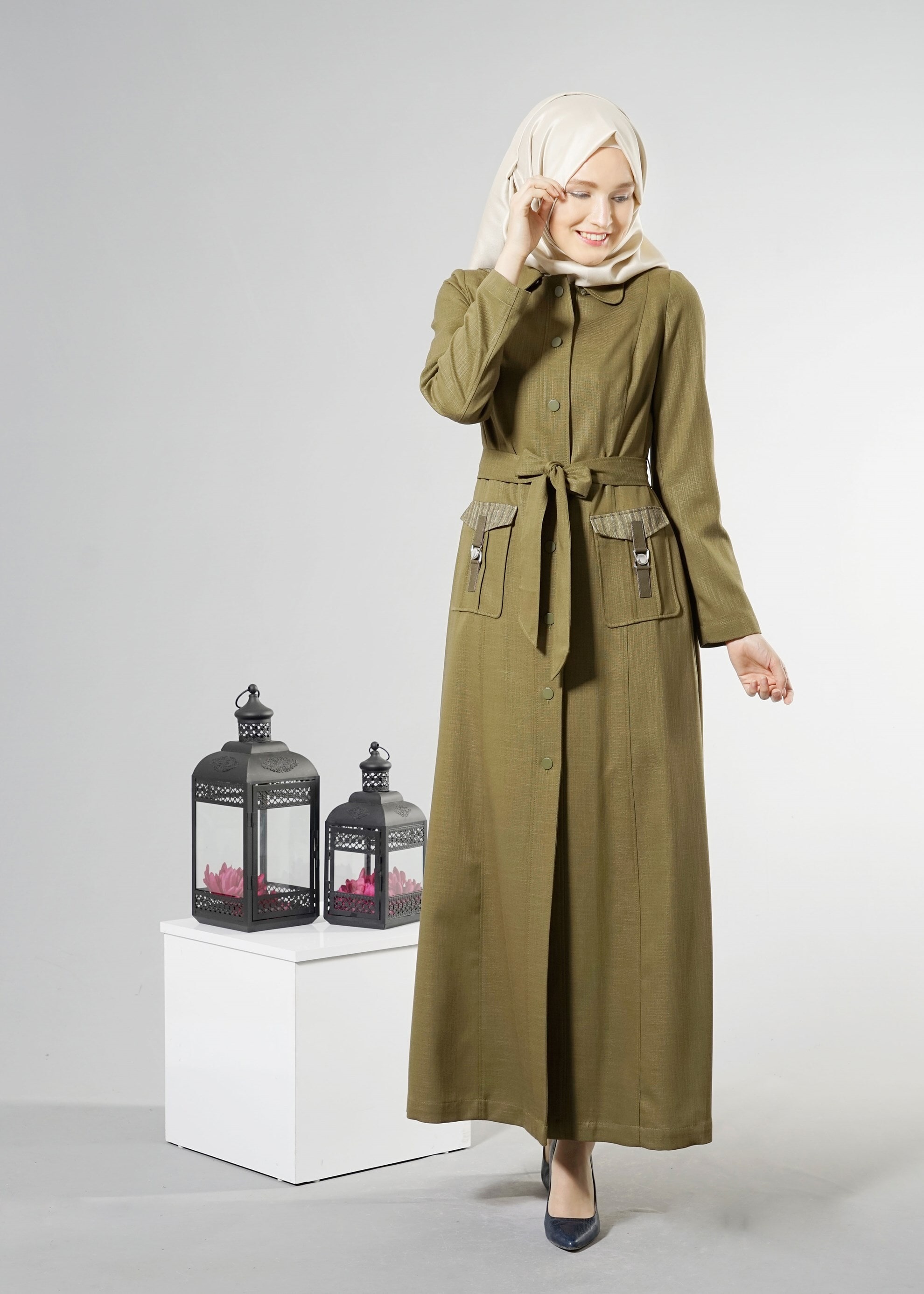 Tesettür giyim HAKİ 1765 New Shine Pardesü 38/46