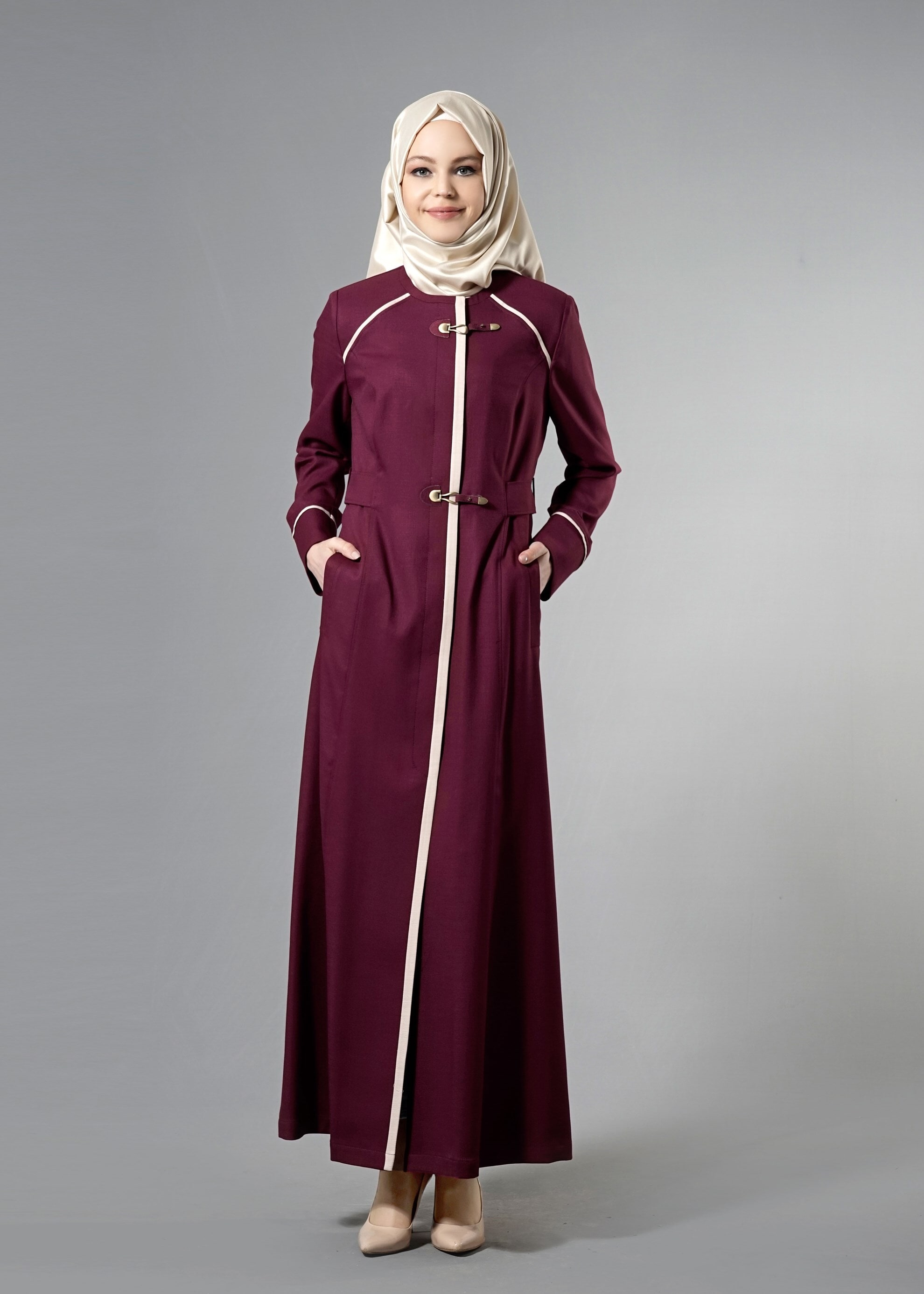 Tesettür giyim MÜRDÜM RENKLİ ŞERİT DETAYLI CEPLİ PARDESÜ 1766 