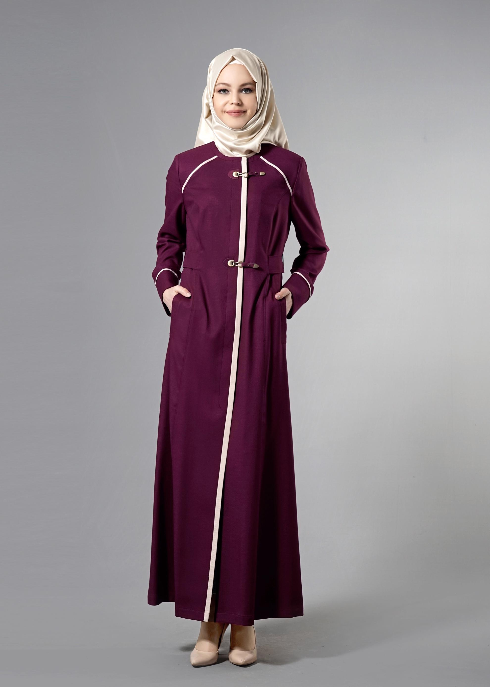 Tesettür giyim MOR RENKLİ ŞERİT DETAYLI CEPLİ PARDESÜ 1766 