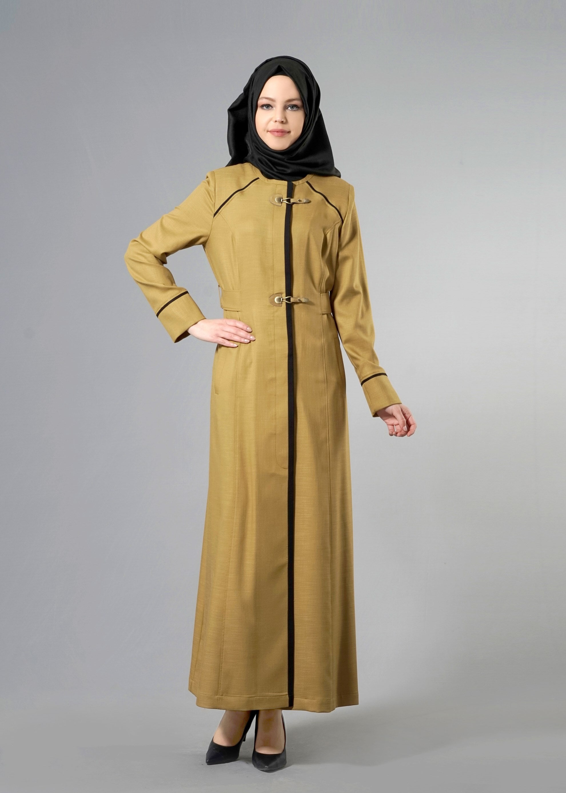 Tesettür giyim YEŞİL RENKLİ ŞERİT DETAYLI CEPLİ PARDESÜ 1766 