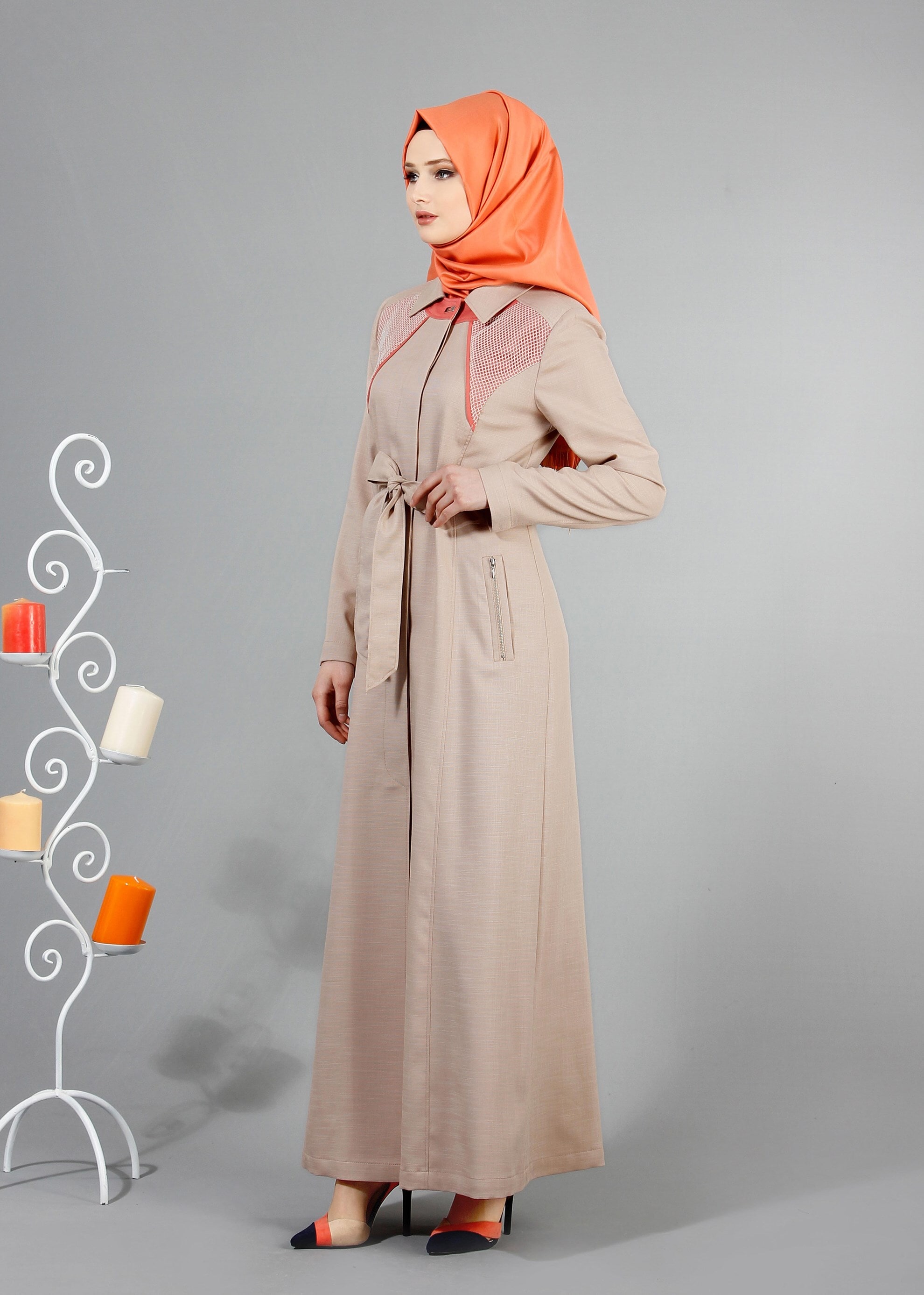 Tesettür giyim BEJ 1768 New Shine Tesettür Pardesü 40/48 TEK38