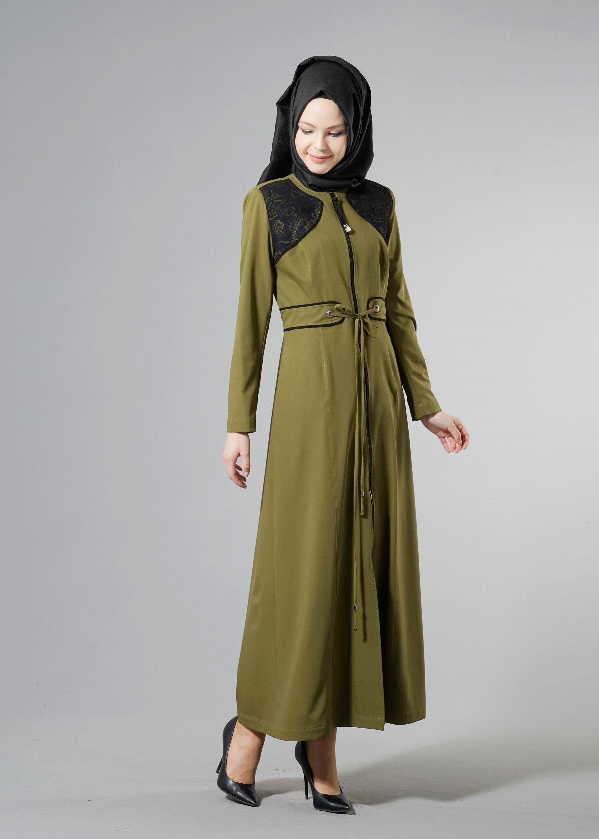 Tesettür giyim YEŞİL BELİ BAĞCIKLI TESETTÜR PARDESÜ 1769