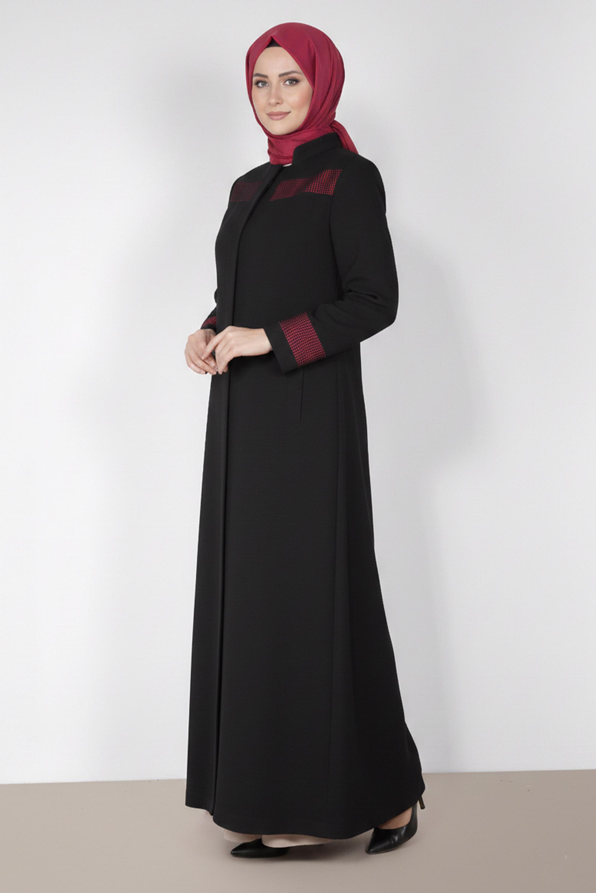 Tesettür giyim SİYAH PÖTİKARE DESEN HAKİM YAKA PARDESÜ 1778 