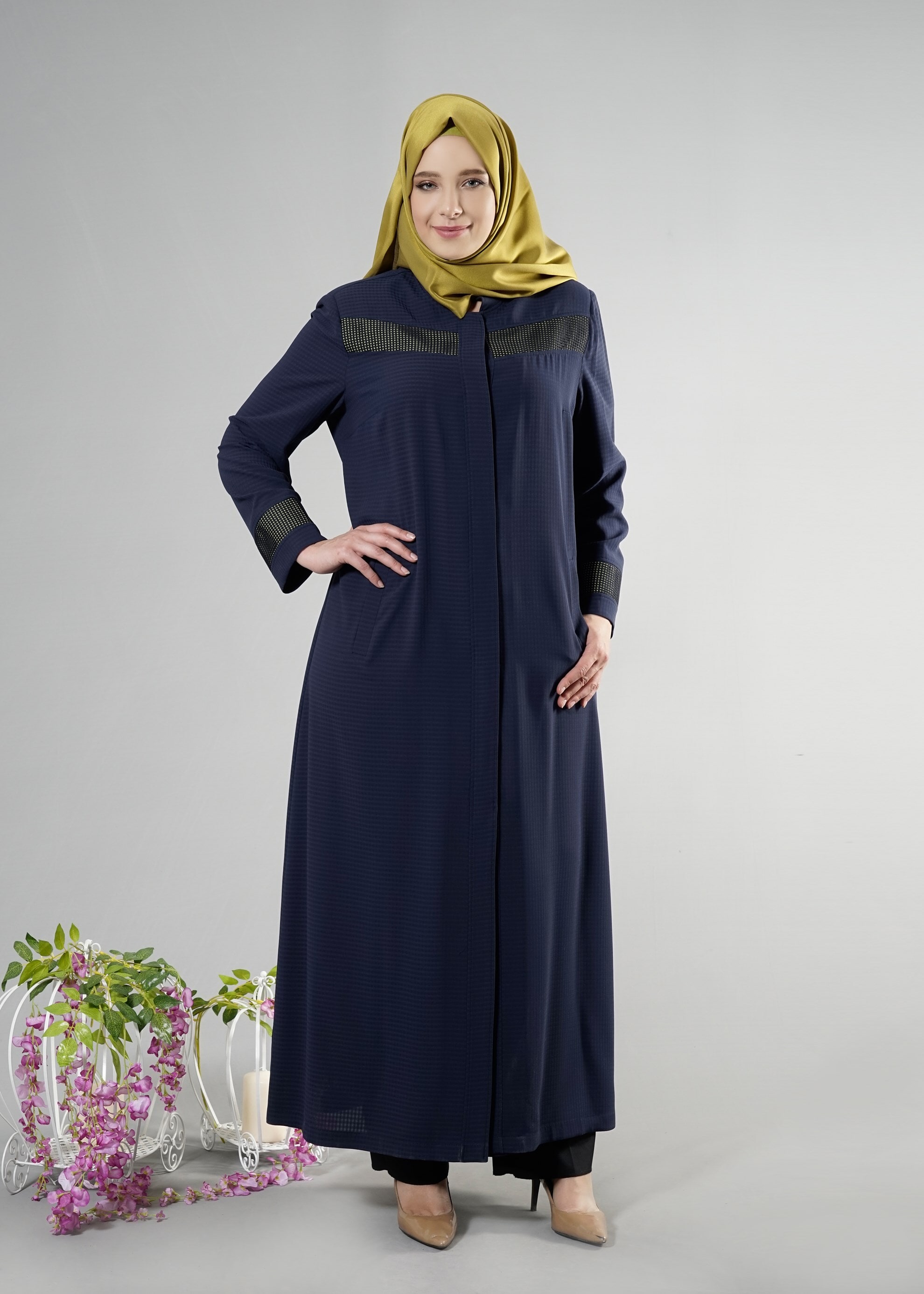 Tesettür giyim LACİVERT PÖTİKARE DESEN HAKİM YAKA PARDESÜ 1778 