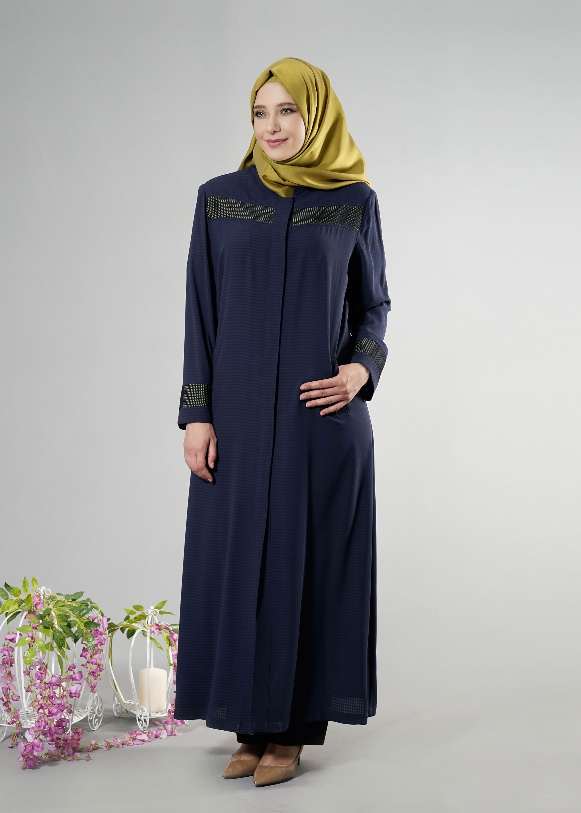 Tesettür giyim LACİVERT PÖTİKARE DESEN HAKİM YAKA PARDESÜ 1778 