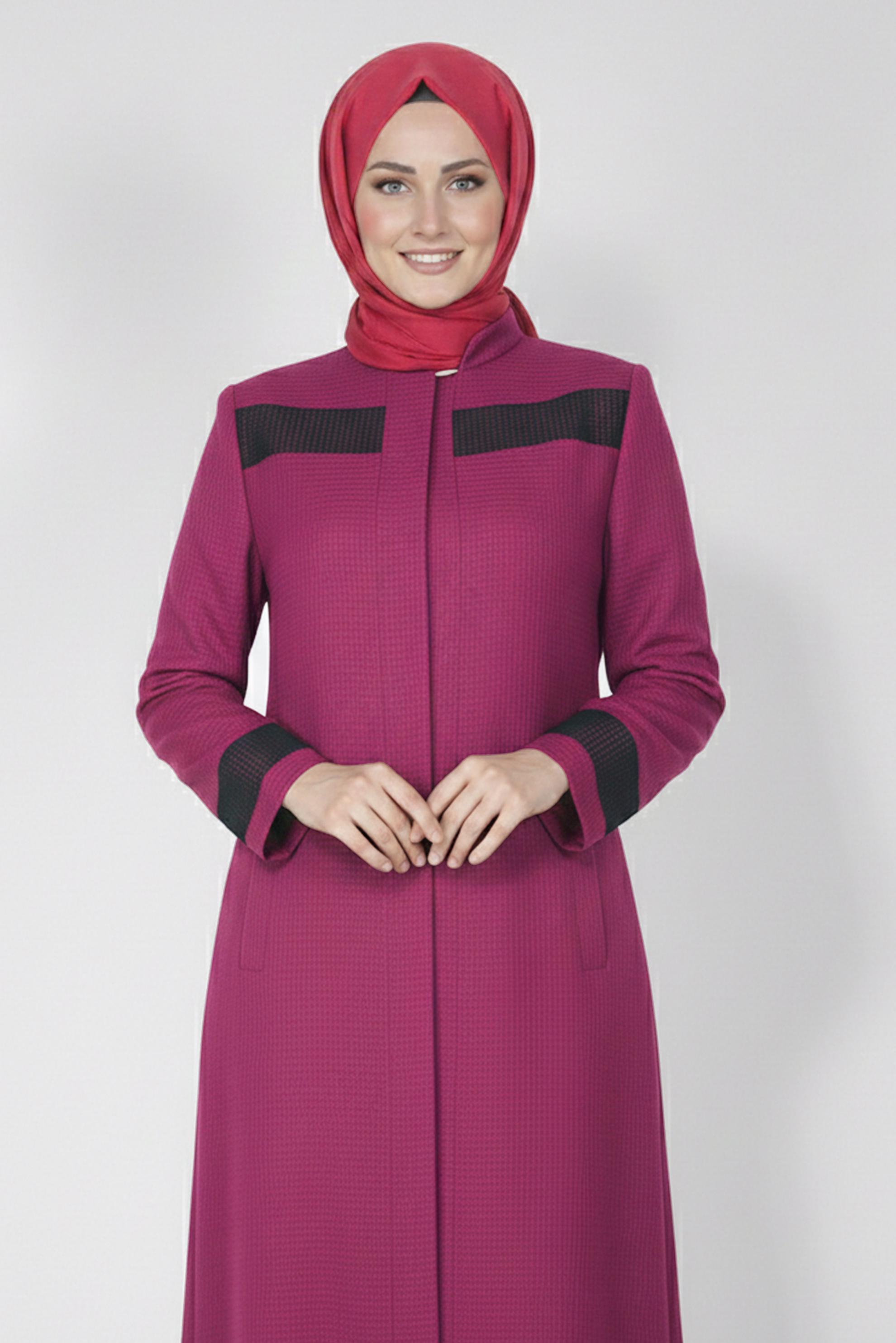 Tesettür giyim MOR PÖTİKARE DESEN HAKİM YAKA PARDESÜ 1778 