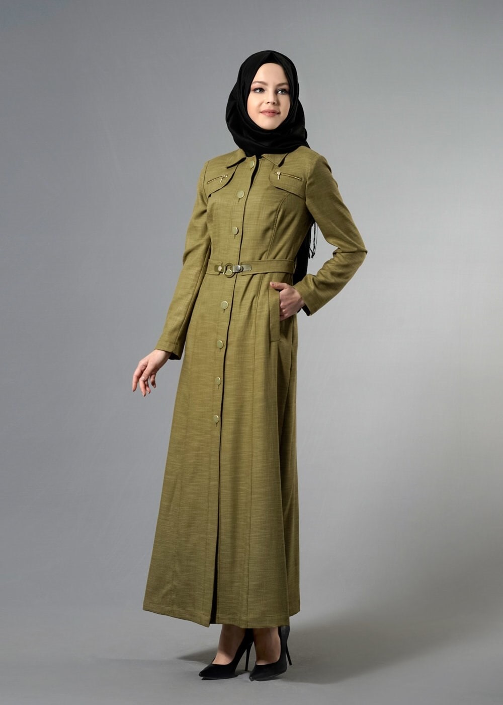 Tesettür giyim YEŞİL 1780 New Shine Tesettür Pardesü 38/46 TEK40