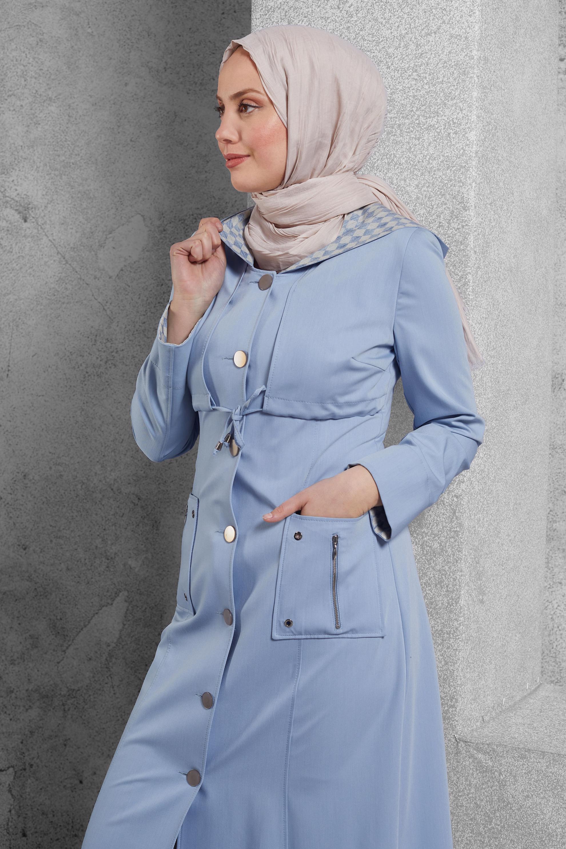 Tesettür giyim MAVİ KAPÜŞONLU PARDESÜ 1788